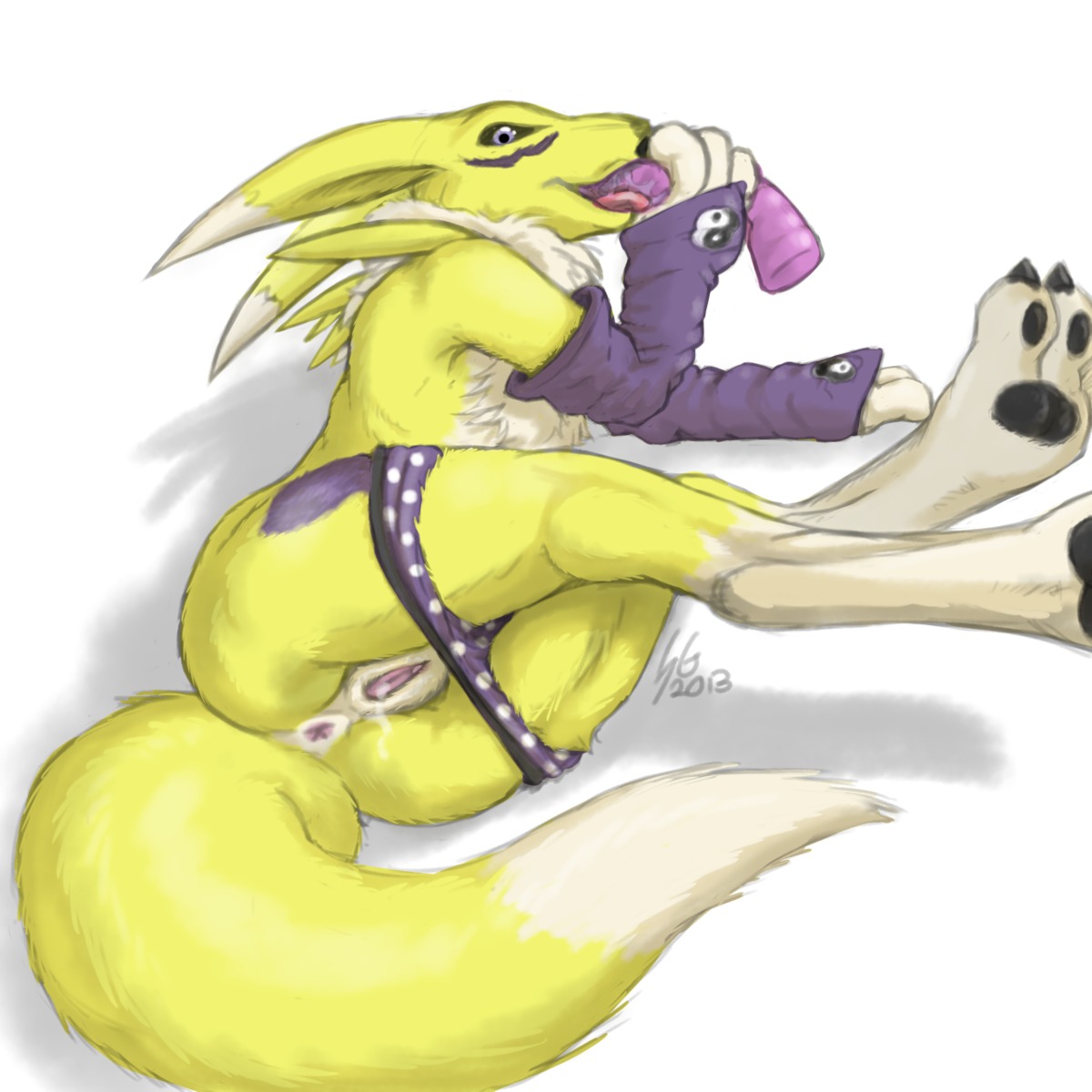 1:1 2013 anthro anus arm_warmers armwear bandai_namco biped black_sclera butt canid canine clothed clothing countershading digimon digimon_(species) digital_media_(artwork) dildo dildo_fellatio dipstick_tail e621 female flat_chested fur genitals hi_res inviting looking_at_viewer lying mammal markings masturbation multicolored_body multicolored_fur multicolored_tail on_side oral oral_penetration panties partially_clothed penetration presenting presenting_vulva purple_dildo renamon sex_toy sex_toy_fellatio simple_background solo soul-gryph soulgryph tail tail_markings topless toying_self two_tone_body two_tone_fur two_tone_tail underwear underwear_down vulva white_background white_body white_fur white_tail yellow_body yellow_fur yellow_tail yin_yang