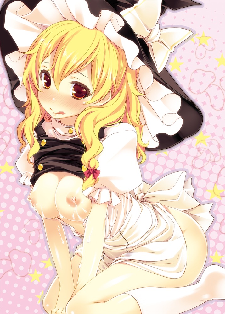 :q apron blonde_hair blush bow breasts brown_eyes cum cum_on_body cum_on_breasts cum_on_upper_body female footwear hairbow hat human kaneru kneehighs kneeling lactation licking_lips long_hair marisa_kirisame nipples no_bra red_eyes rule34 sitting socks solo tongue touhou wariza white_legwear witch_hat