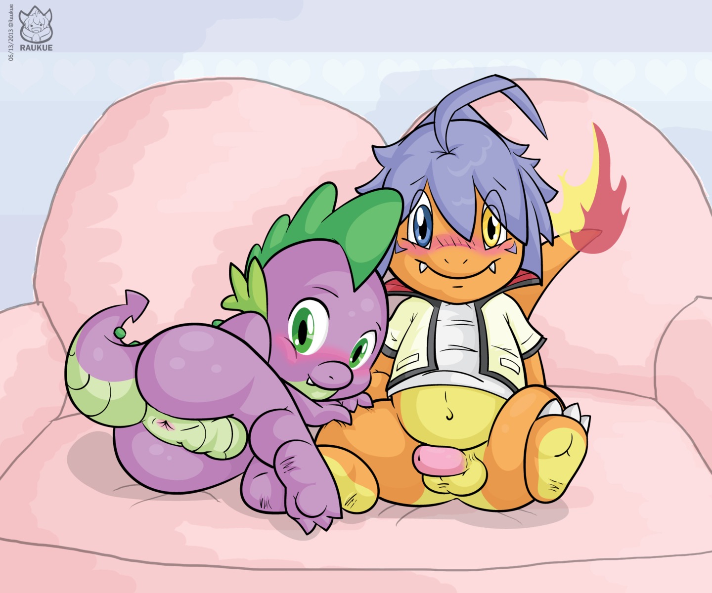 3_toes 6:5 anthro anthrofied anus backsack balls barefoot blue_eyes blue_hair blush butt charmander claws clothed clothing crossover dragon duo e621 erection feet fire flaming_tail friendship_is_magic furniture generation_1_pokemon genitals glistening green_eyes hair happy hasbro heterochromia hi_res inside jacket japanese lizard looking_at_viewer lying male male/male my_little_pony mythological_creature mythological_scalie mythology navel nintendo nude on_side orange_body orange_skin partially_clothed penis pink_body pink_penis pink_skin pokemon pokemon_(species) pokemorph pose presenting presenting_hindquarters purple_body purple_skin raised_leg raukue raukue_(character) reptile scalie shadow sharp_teeth shirt short_hair sitting slightly_chubby smile sofa spike_(mlp) spread_legs spreading tail teeth toes topwear yellow_eyes young young_anthro young_on_young