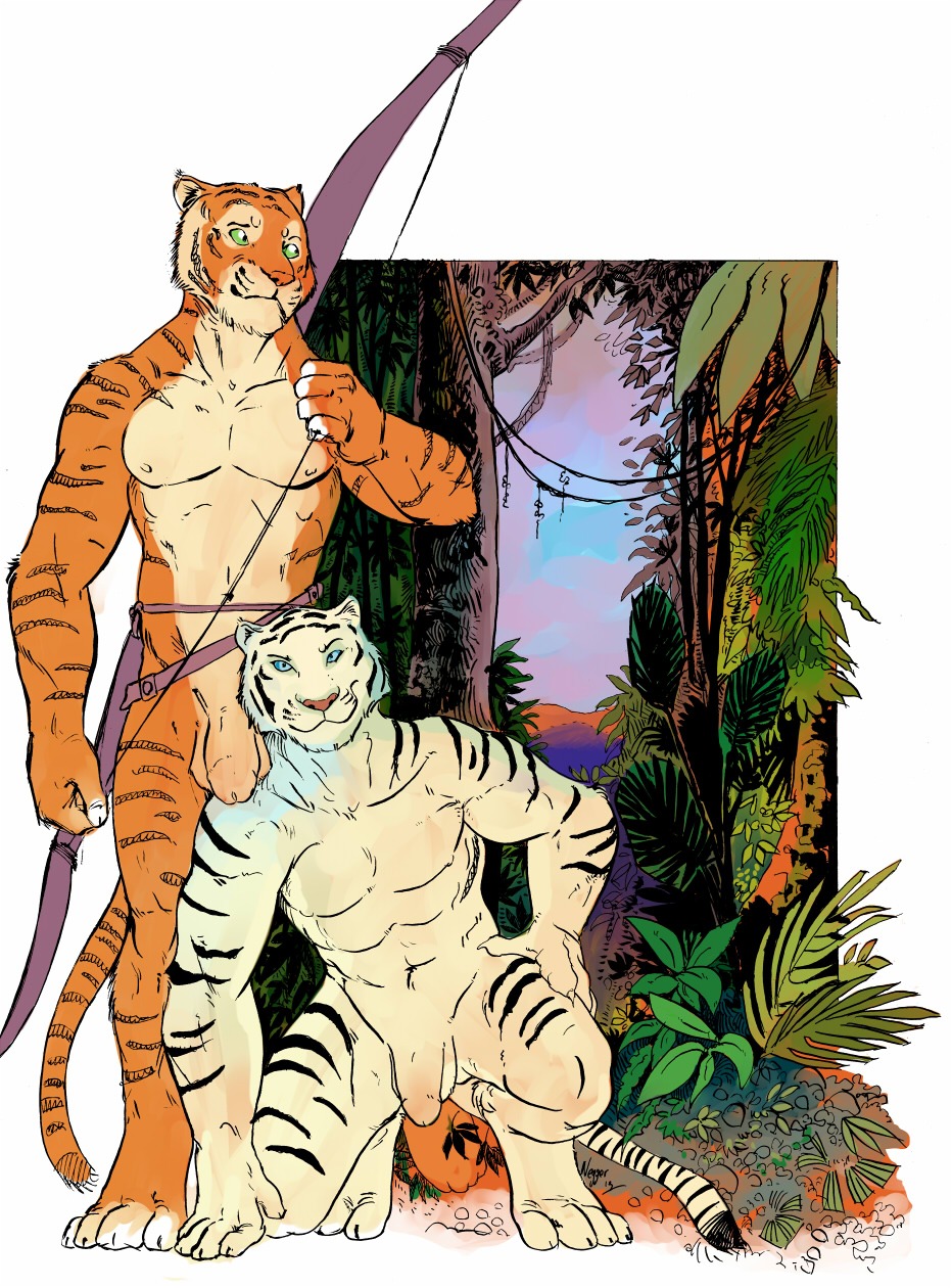 abs anthro balls belly biceps black_stripes blue_eyes bow_(weapon) circumcised detailed_background duo e621 felid flaccid forest front_view fur genitals green_eyes hi_res humanoid_genitalia humanoid_penis jungle kneeling looking_at_viewer male male/male mammal muscular negy nipples nude orange_body orange_fur outside pantherine pecs penis plant pose ranged_weapon simple_background smile standing striped_body striped_fur stripes tan_belly tan_body tan_fur tan_penis tiger tree weapon white_body white_fur white_penis