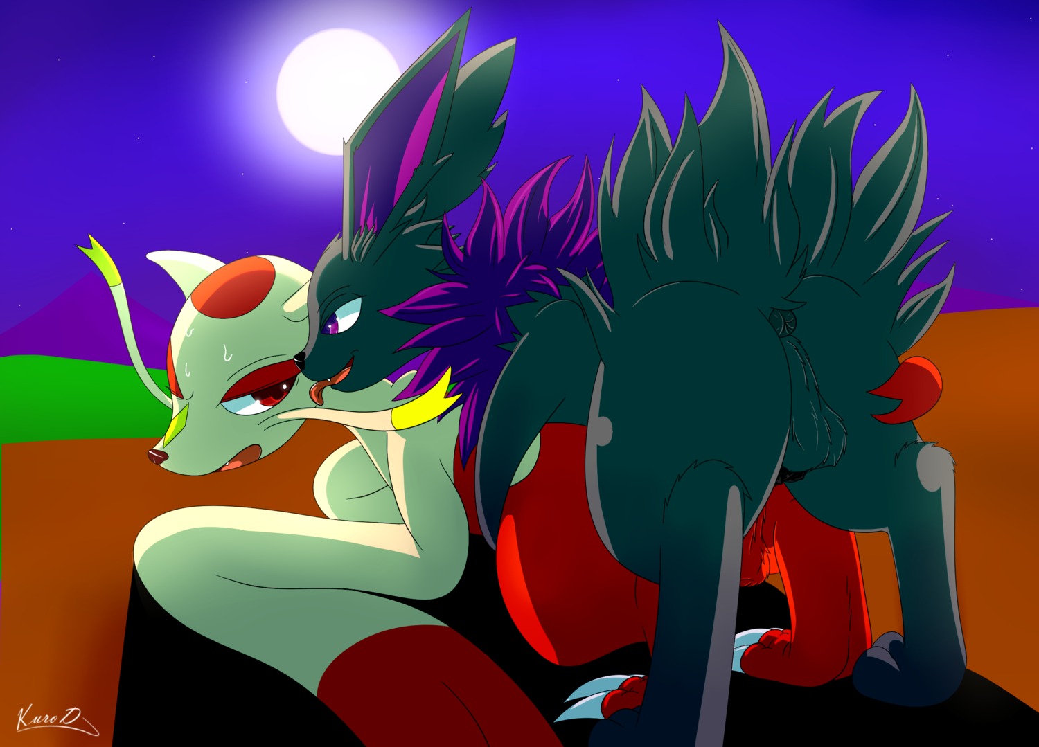 all_fours alternate_color anal anus backsack balls black_body black_fur black_nose bodily_fluids butt claws connec doggystyle duo e621 eeveelution erection fan_character feral fluffy from_behind_position fur generation_1_pokemon generation_5_pokemon genitals hi_res interspecies jolteon kuroodod licking magenta_nose male male/male male_penetrated male_penetrating male_penetrating_male mienshao moon nintendo pale_fur penetration penis pokemon pokemon_(species) purple_body purple_eyes purple_fur red_body red_eyes red_fur sex skarow spikes sweat tongue tongue_out yellow_body yellow_fur