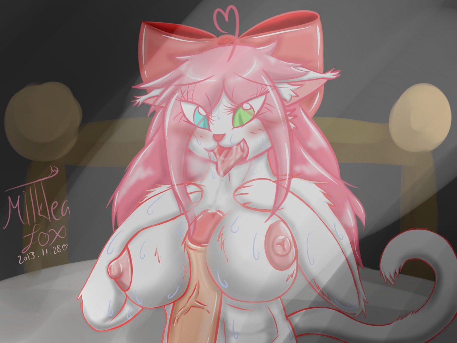 4:3 bodily_fluids breast_play breasts cum cum_in_mouth cum_inside cum_on_breasts disembodied_penis domestic_cat duo e621 erection felid feline felis female female_focus foreskin fur genital_fluids genitals hi_res humanoid_genitalia humanoid_penis male male/female mammal milkteafox nipples penis pink_body pink_fur retracted_foreskin sex solo_focus titfuck