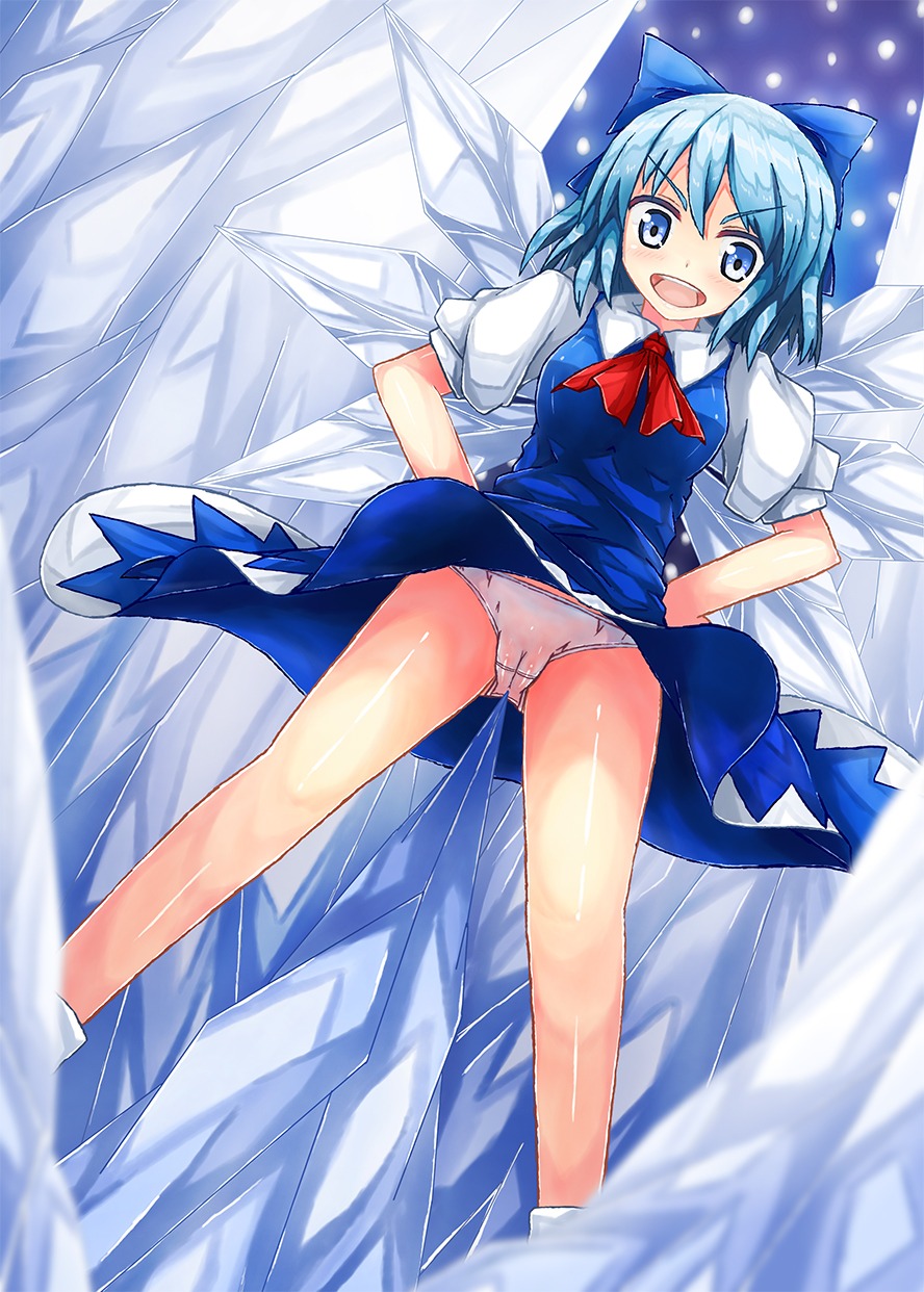 blue_eyes blue_hair bow cameltoe cirno dress fairy female hands_on_hips highres pantyshot pussy ribbon rule34 spike touhou upskirt wings
