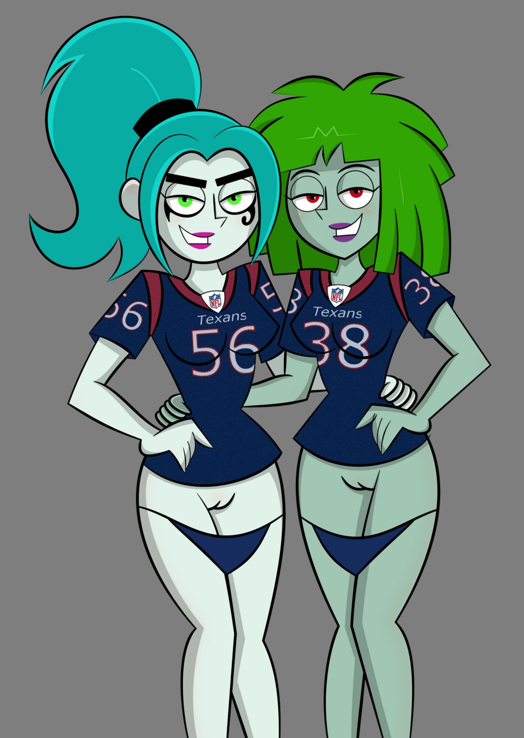2girls danny_phantom ember_mclain female football_uniform ghost ghost_girl green_eyes green_hair kitty_(danny_phantom) lipstick multiple_females multiple_girls nickelodeon panties panties_down red_eyes rule34