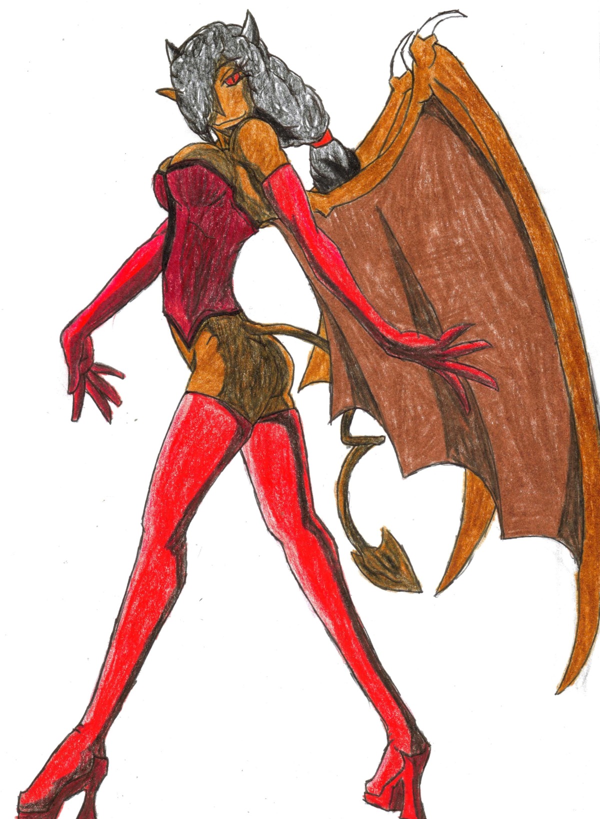 ass black_hair boots bottomless breasts corset crocface demon demon_girl demon_horns demon_tail female gloves high_heel_boots horns order_of_the_stick pointy_ears red_eyes rule34 sabine_(order_of_the_stick) smile solo succubus tail traditional_media_(artwork) wings