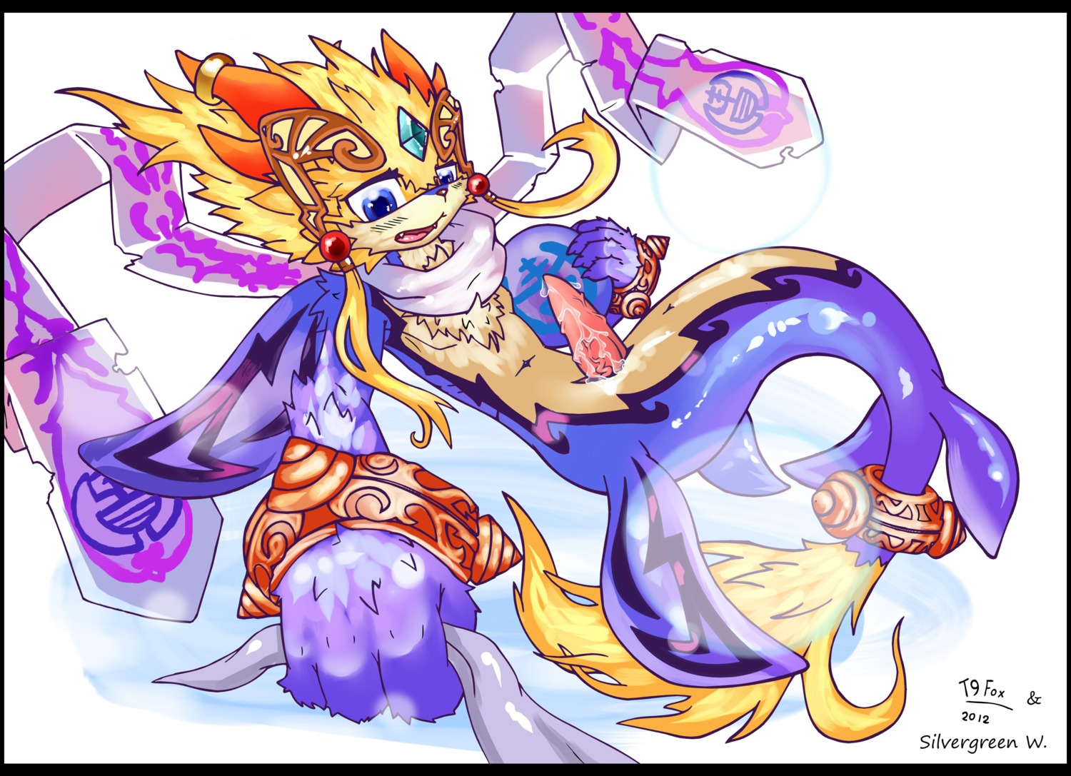 animal_genitalia anus aquatic bandai_namco black_border bodily_fluids border canid canine canis cum domestic_dog dragon e621 erection genital_fluids genital_slit genitals hi_res hybrid male mammal mythological_creature mythological_scalie mythology penis scalie shaorune solo t9fox tales_of_(series) tales_of_rebirth tapering_penis