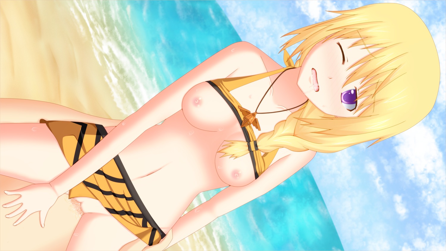 bikini blush breasts censored charlotte_dunois cowgirl_position female highres infinite_stratos large_breasts male navel nipples penis pussy rule34 sex straddle swimsuit wink