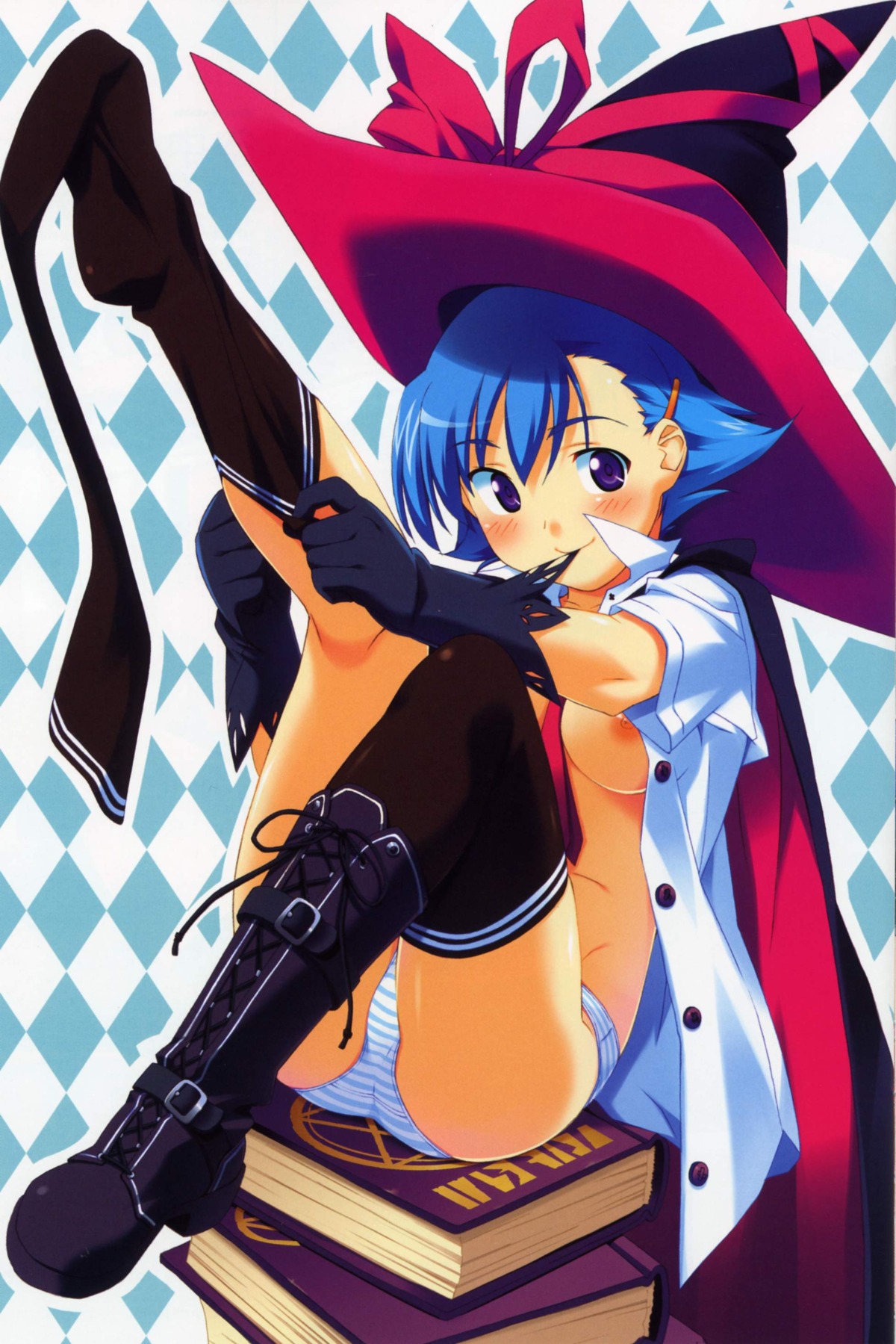 adjusting_thighhigh blue_hair blush book boots bottomless breasts cape dressing elbow_gloves female gloves hair_ornament hairclip hat high_resolution kuuchuu_yousai mouth_hold no_bra no_pants open_clothes open_shirt panties purple_eyes rule34 shirt short_hair single_shoe smile striped striped_panties thighhighs underwear witch witch_hat