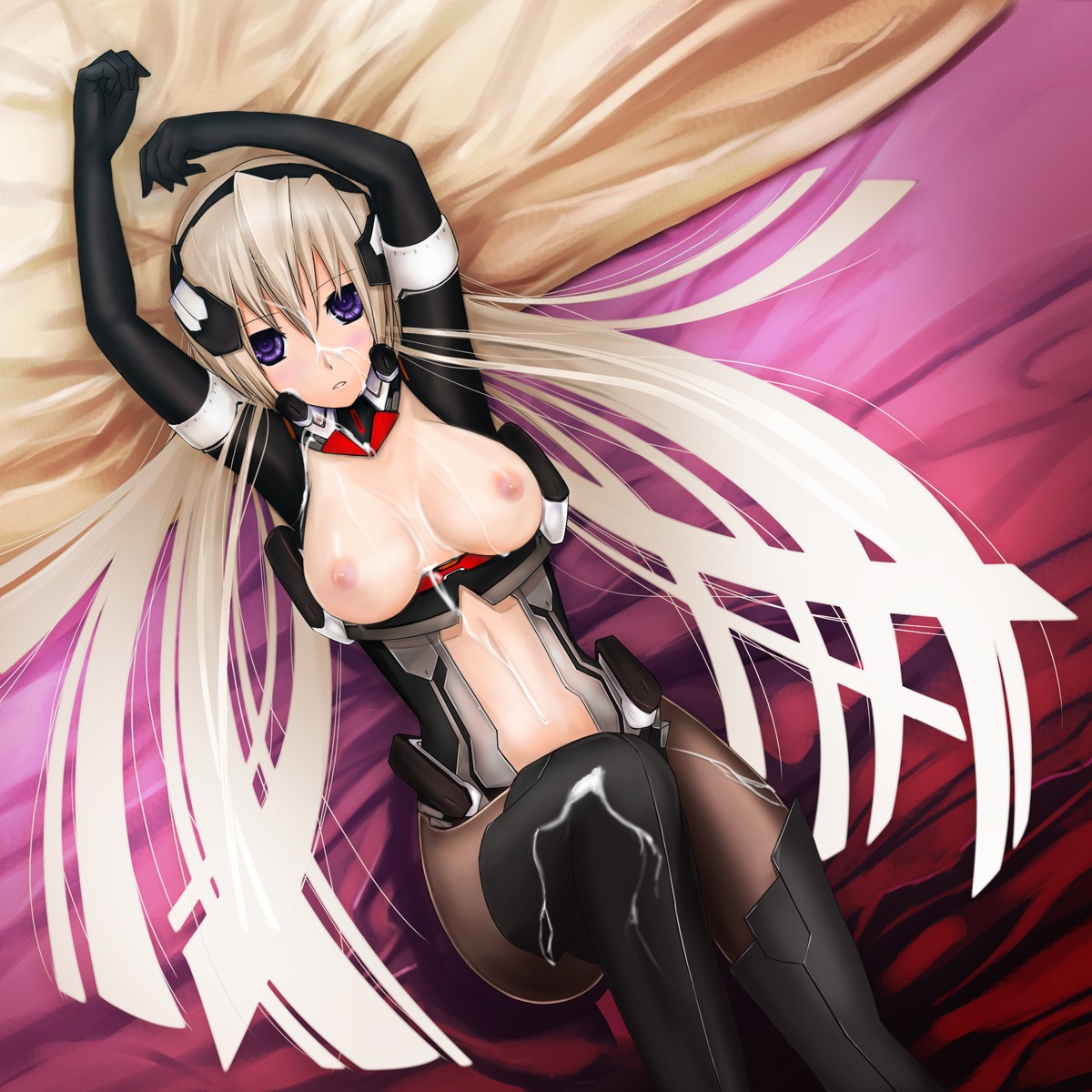 arms_up bodysuit boots breasts cum cum_on_body cum_on_breasts cum_on_lower_body cum_on_upper_body def_(chronowarld) facial female headdress highres horizon_ariadust kyoukaisenjou_no_horizon long_hair lying navel nipples on_back pantyhose purple_eyes rule34 silver_hair solo thigh_boots thighhighs topless very_long_hair