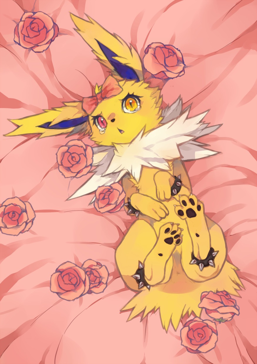 accessory akira_(candyfoxy) anklet anus barely_visible_genitalia barely_visible_vulva black_nose bodily_fluids bow_(feature) bow_accessory bow_ribbon bracelet chest_tuft crying e621 eeveelution female feral flower fur generation_1_pokemon genitals hair_accessory hair_bow hair_ribbon heterochromia hi_res humanoid_pointy_ears jewelry jolteon nintendo open_mouth plant pointy_ears pokemon pokemon_(species) pudding0728 red_eyes ribbons rose_(flower) solo spikes tears tuft vulva yellow_body yellow_eyes yellow_fur