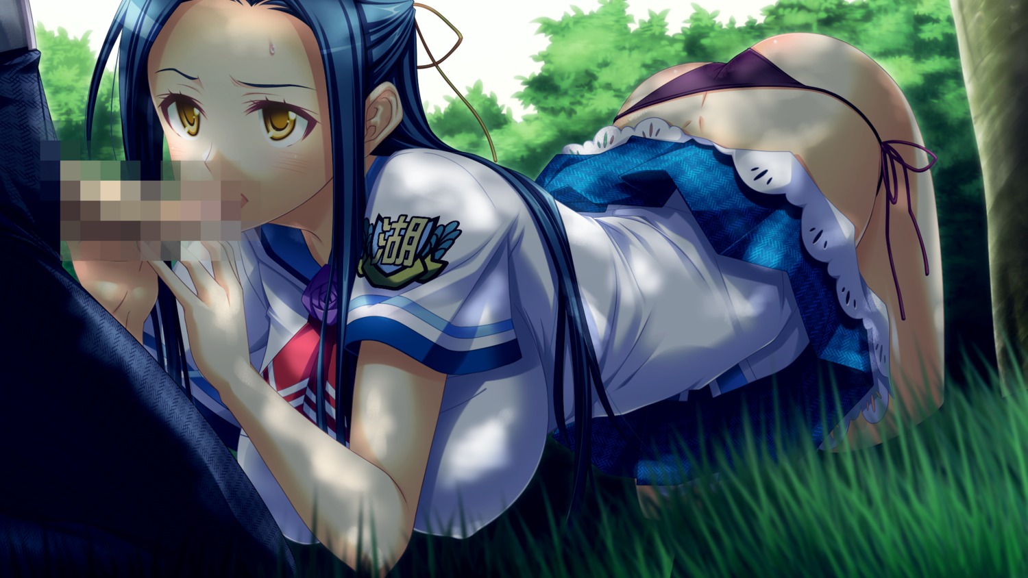 blush bomi censored fellatio female game_cg hair long_hair male omae_no_pantsu_wa_nani_iro_da!? oral panties penis rule34 seifuku underwear