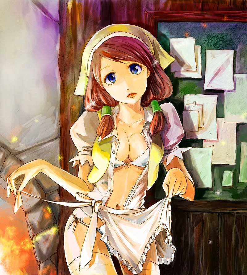 apron becky_(monster_hunter) blue_eyes breasts brown_hair capcom cleavage female fire fireplace guild guild_girl monster_hunter panties rule34 side-tie_panties thighhighs underwear