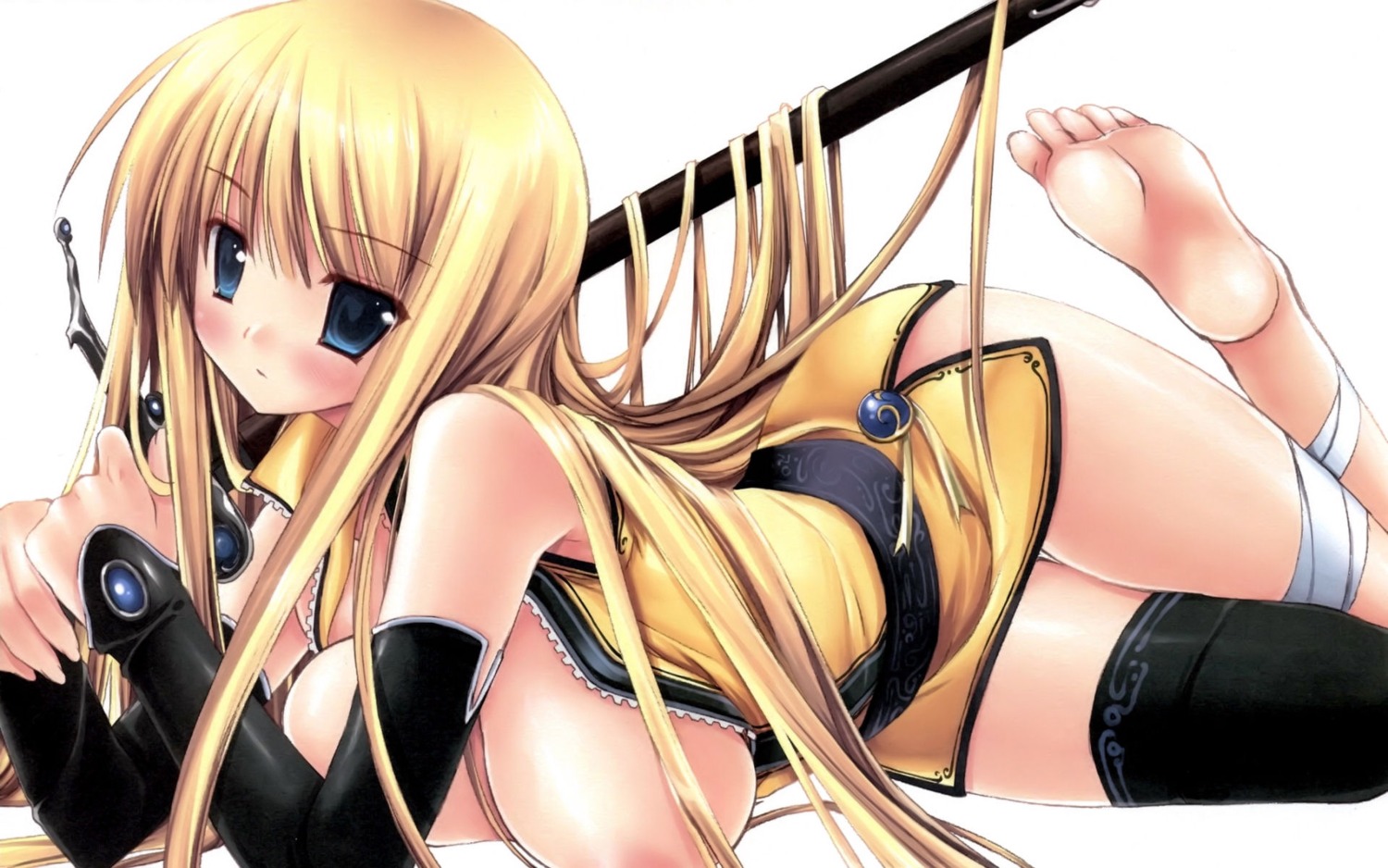 blush breasts elbow_gloves female highres long_hair open_clothes open_shirt rule34 shirt skirt sword thighhighs weapon