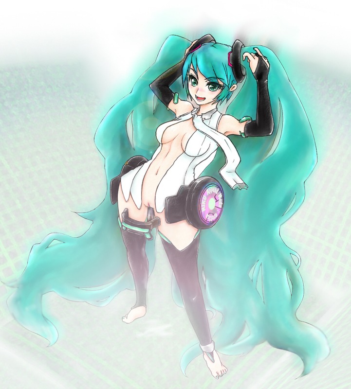 1girl aqua_eyes aqua_hair barefoot breasts bridal_gauntlets center_opening elbow_gloves female fingerless_gloves gloves hatsune_miku hatsune_miku_(append) long_hair medium_breasts navel necktie no_panties pussy rule34 smile solo tagme thighhighs twintails very_long_hair vocaloid vocaloid_append
