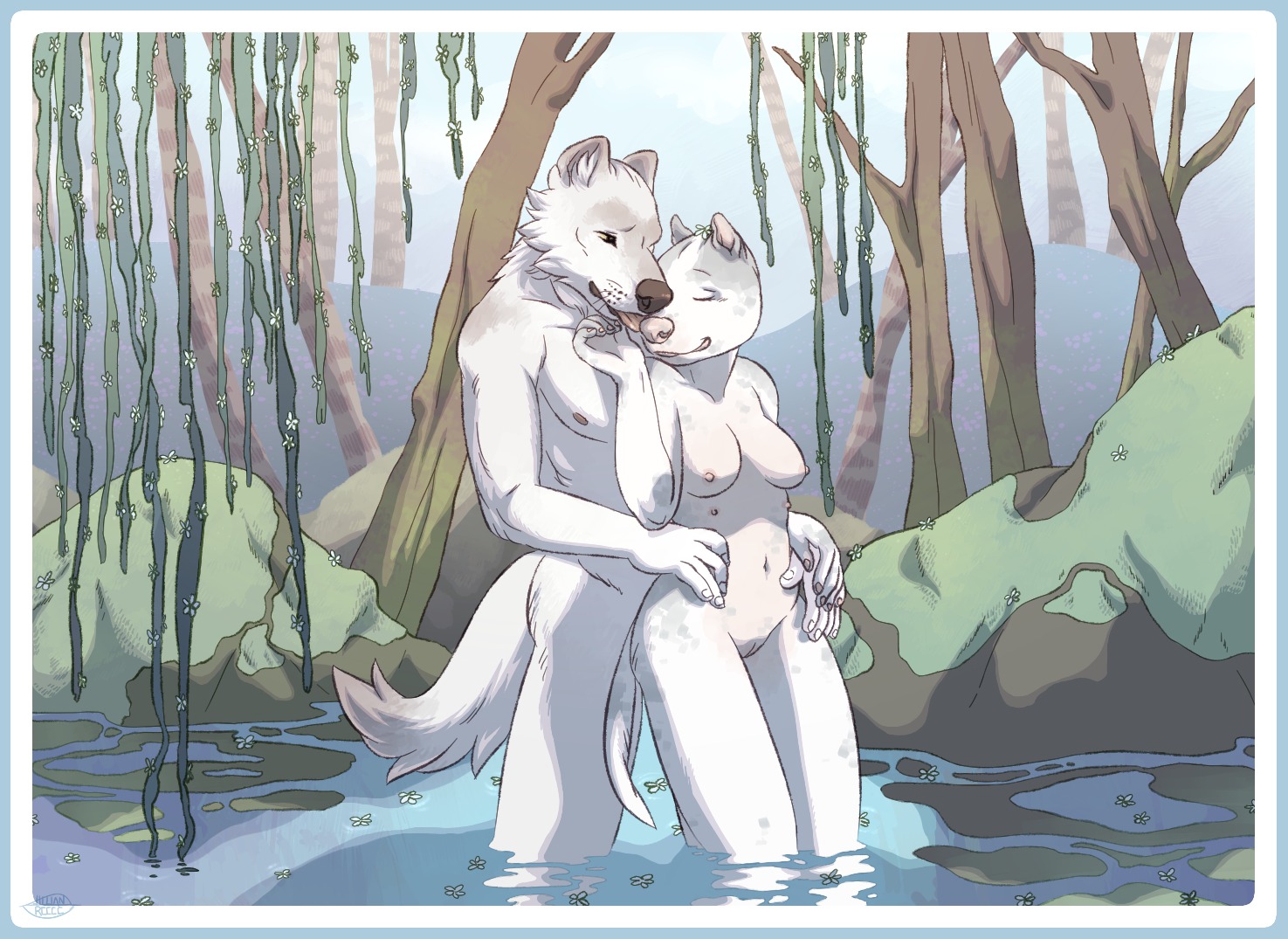 anthro blue_border border breasts canid canine canis detailed_background domestic_dog duo e621 eyes_closed female forest fur genitals gibbons hug licking love male male/female mammal multi_nipple navel nipples nude pit_bull plant romantic romantic_ambiance romantic_couple skinny_dipping tail tongue tongue_out tree vulva water white_body white_fur