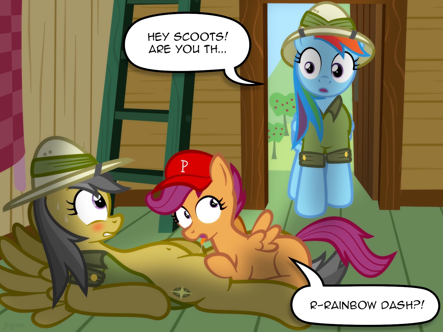 4:3 age_difference armor blue_body blue_feathers blue_fur bodily_fluids brown_body brown_feathers brown_fur clubhouse cunnilingus daring_do_(mlp) e621 equid equine feathered_wings feathers female female/female feral friendship_is_magic fur grey_hair group hair hasbro headgear helmet jepso ladder lol_comments mammal multicolored_hair my_little_pony mythological_creature mythological_equine mythology oral orange_body orange_feathers orange_fur pegasus pith_helmet plant purple_hair rainbow_dash_(mlp) rainbow_hair saliva saliva_string scootaloo_(mlp) sex sweat text tree vaginal wings young young_feral