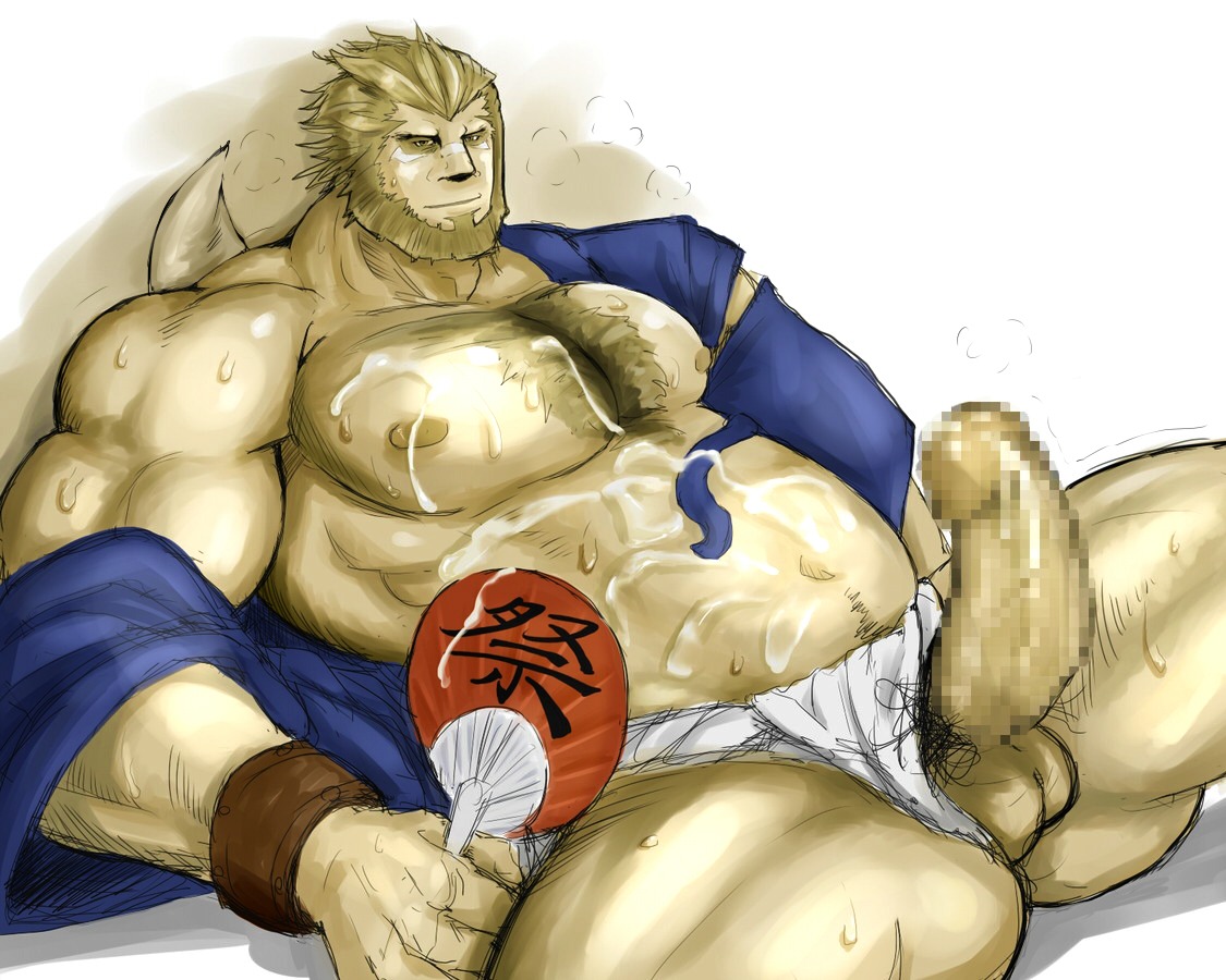 after_ejaculation bara bear_(body_type) beard big_penis chubby chubby_male cum erection facial_hair final_fantasy final_fantasy_xi fundoshi fundoshi_aside galka male male_only musclegut muscular muscular_male navel pecs penile penis rule34 spread_legs stiffy tagme waribashi yaoi