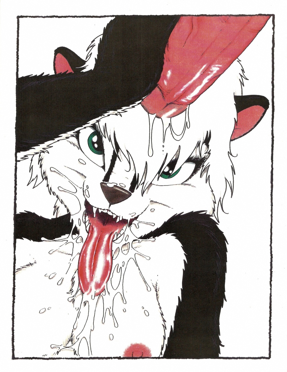 absurd_res anthro bedroom_eyes black_body black_fur bodily_fluids breasts cum cum_drip cum_on_breasts cum_on_face cum_on_tongue cum_string disembodied_penis dripping duo e621 erection female female_focus fur genital_fluids genitals green_eyes hi_res humanoid_genitalia humanoid_penis james_m_hardiman lori_(jmh) male male/female mammal mephitid messy multicolored_body multicolored_fur narrowed_eyes nipples penis seductive skunk solo_focus teeth tongue tongue_out white_body white_fur