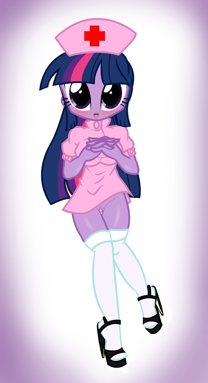 alternate_species blush clothing e621 equestria_girls female footwear full-length_portrait genitals grandfathered_content hasbro hat headgear headwear hi_res high_heels human humanized legwear looking_at_viewer mammal my_little_pony not_furry nurse platform_footwear platform_heels portrait purple_body purple_skin pyruvate shoes solo stockings third-party_edit twilight_sparkle_(eg) uniform vulva