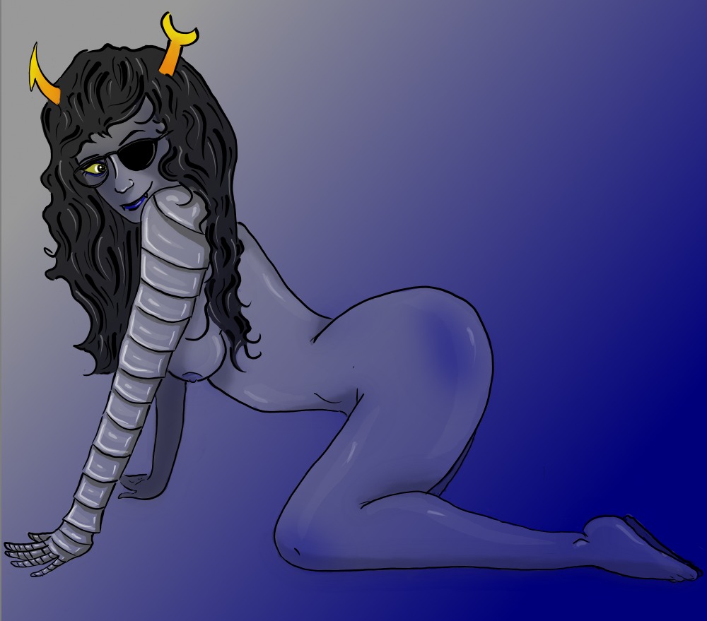 1girls ass black_hair blue_background blue_lips blue_nipples breasts eye_patch fangs female glasses grey_eyes grey_skin homestuck horns long_hair looking_back ms_paint_adventures naked nipples potvaliant robotic_arm rule34 smile solo troll vriska_serket