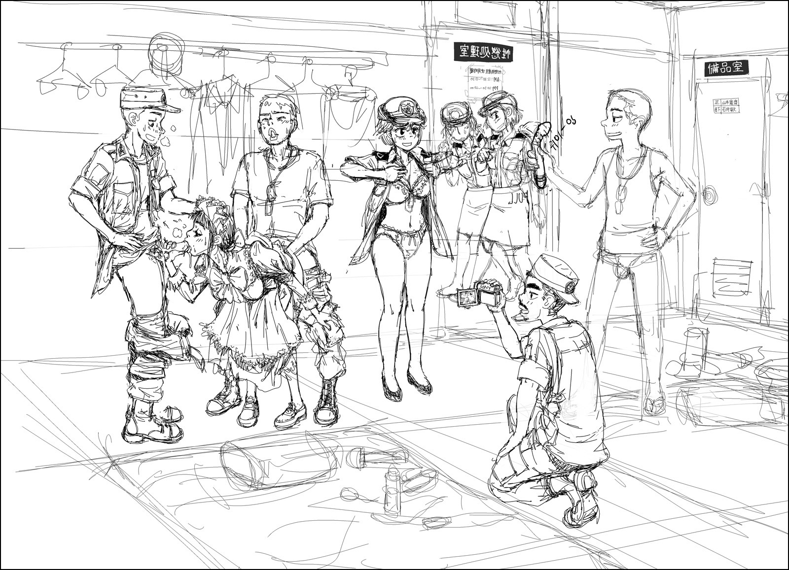 4boys 4girls balls beard bent_over blush bra breasts camera cleavage dildo dog_tags dress erect_penis female female_soldier gogocherry hat heavy_breathing japanese kneeling korean_clothes maid male monochrome moustache multiple_females multiple_girls open_mouth oral panties penis pubic_hair recording ribbon rough_sketch rule34 sex shirt short_hair soldier spitroast standing sweat swingers testicles text uncensored undressing