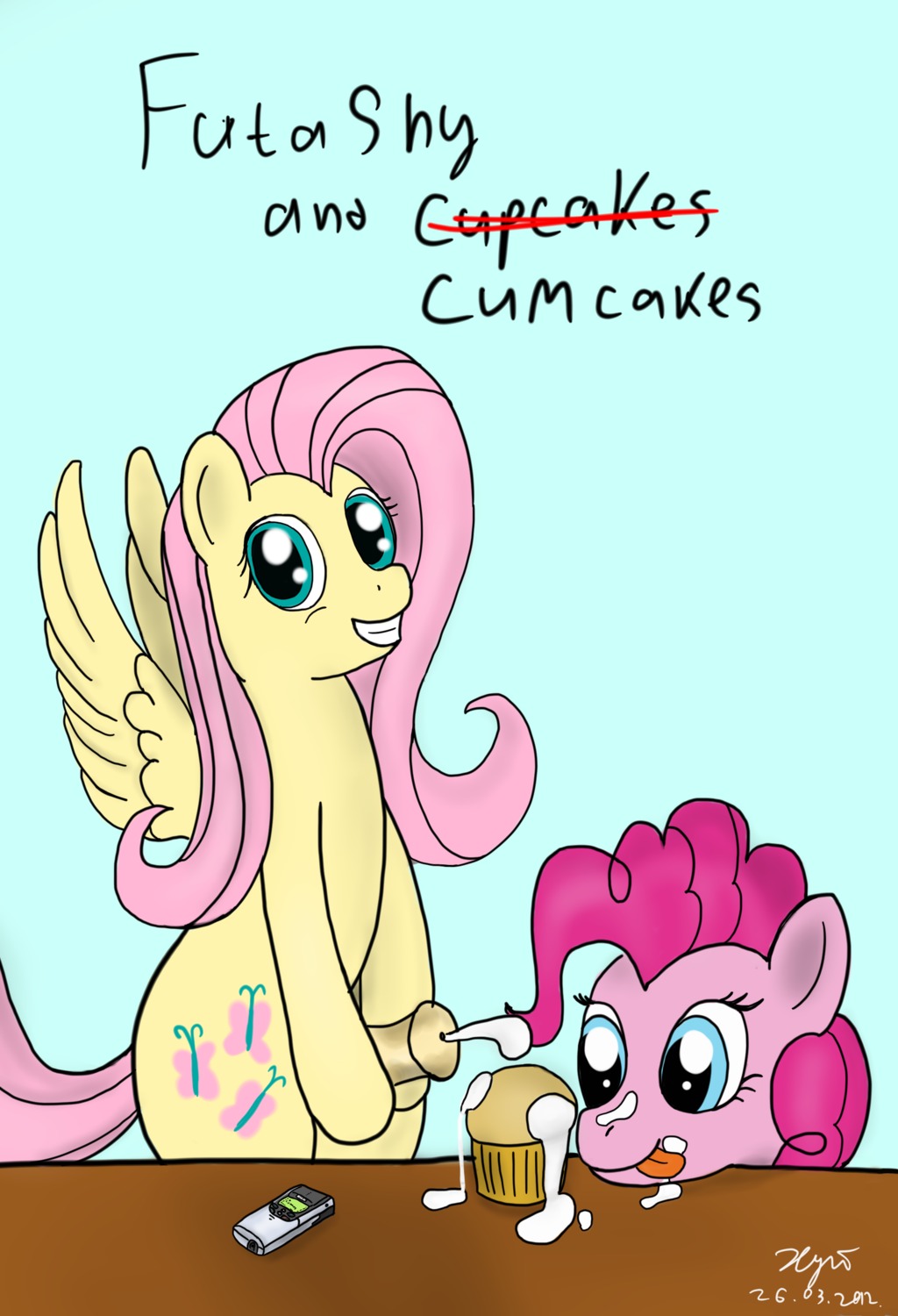 2012 absurd_res bar_phone blue_eyes bodily_fluids cellphone cum cum_on_food cumshot cupcake cutie_mark duo e621 earth_pony ejaculation electronics english_text equid equine erection feathered_wings feathers female feral fluttershy_(mlp) food food_fetish food_play friendship_is_magic fur genital_fluids genitals green_eyes gynomorph hair hasbro hi_res horse intersex mammal my_little_pony mythological_creature mythological_equine mythology orgasm pegasus penis phone pink_body pink_fur pink_hair pinkie_pie_(mlp) pony text wings xyi yellow_body yellow_feathers yellow_fur