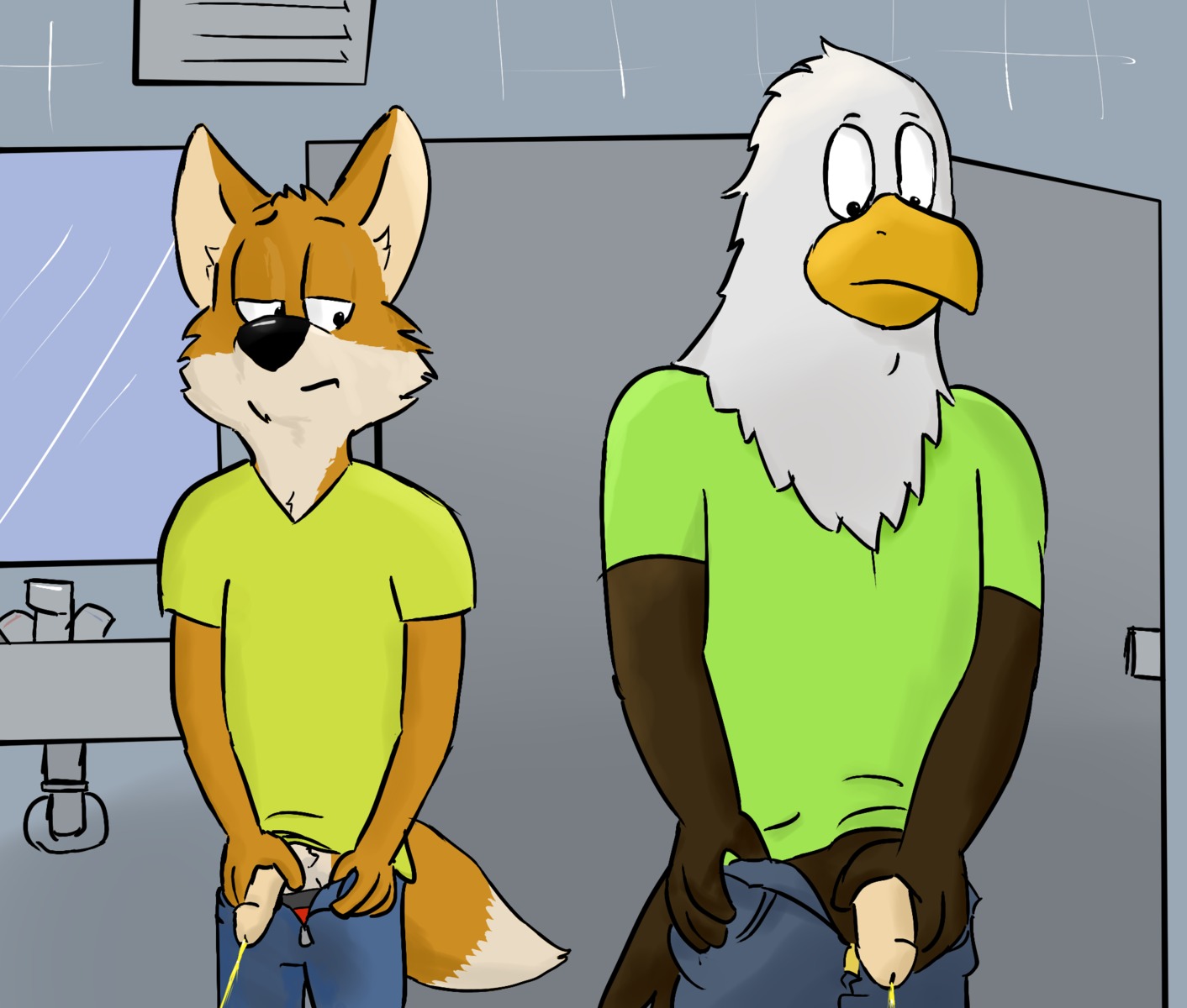 2014 accipitrid accipitriform anthro avian axl bald_eagle bathroom beak being_watched bird bodily_fluids bottomwear canid canine clothed clothing dan_(paintfox) duo e621 eagle feathers flaccid fox fur genital_fluids genitals hi_res inside looking_at_another looking_at_genitalia looking_at_penis male male_peeing mammal open_bottomwear open_clothing open_pants paintfox pants peeing peeing_together penis penis_poking_out penis_size_difference public_restroom sea_eagle standing stare urinal_peeking urine urine_stream voyeur watersports