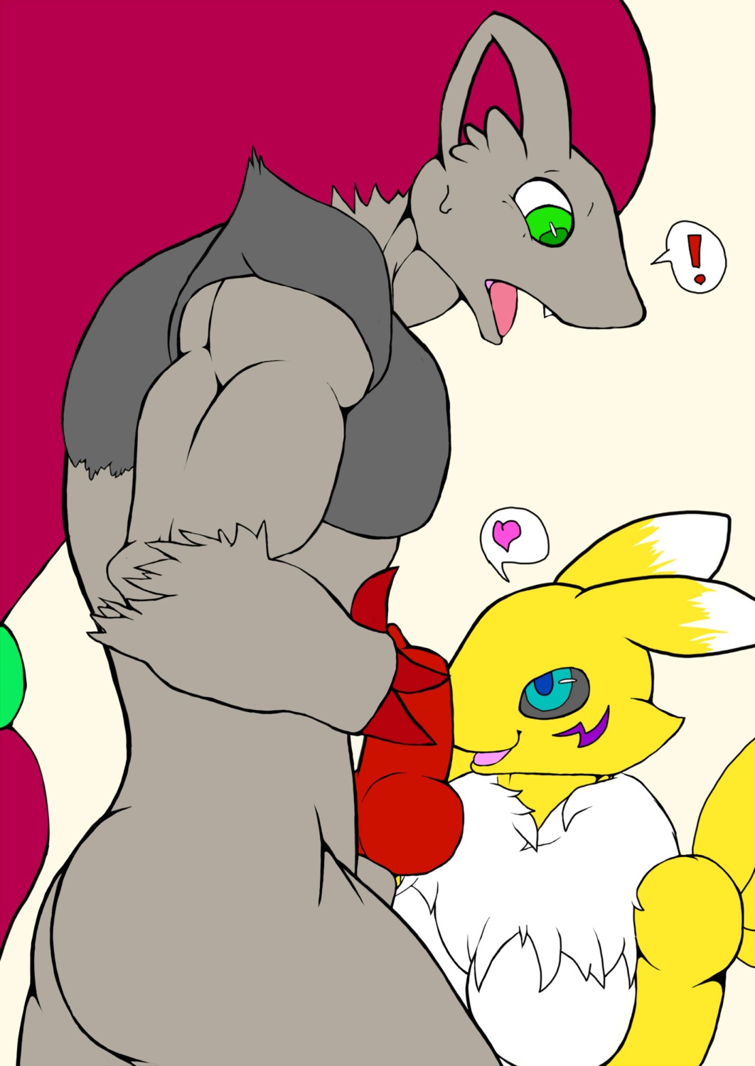 2011 animal_genitalia animal_penis anthro anthro_on_anthro balls bandai_namco black_sclera blue_eyes breasts canid canine crossover digimon digimon_(species) duo e621 erection female fur generation_5_pokemon genitals green_eyes hair hi_res long_hair male male/female mammal muscular nintendo penis pokemon pokemon_(species) renamon ryu_rin white_body white_fur yellow_body yellow_fur zoroark