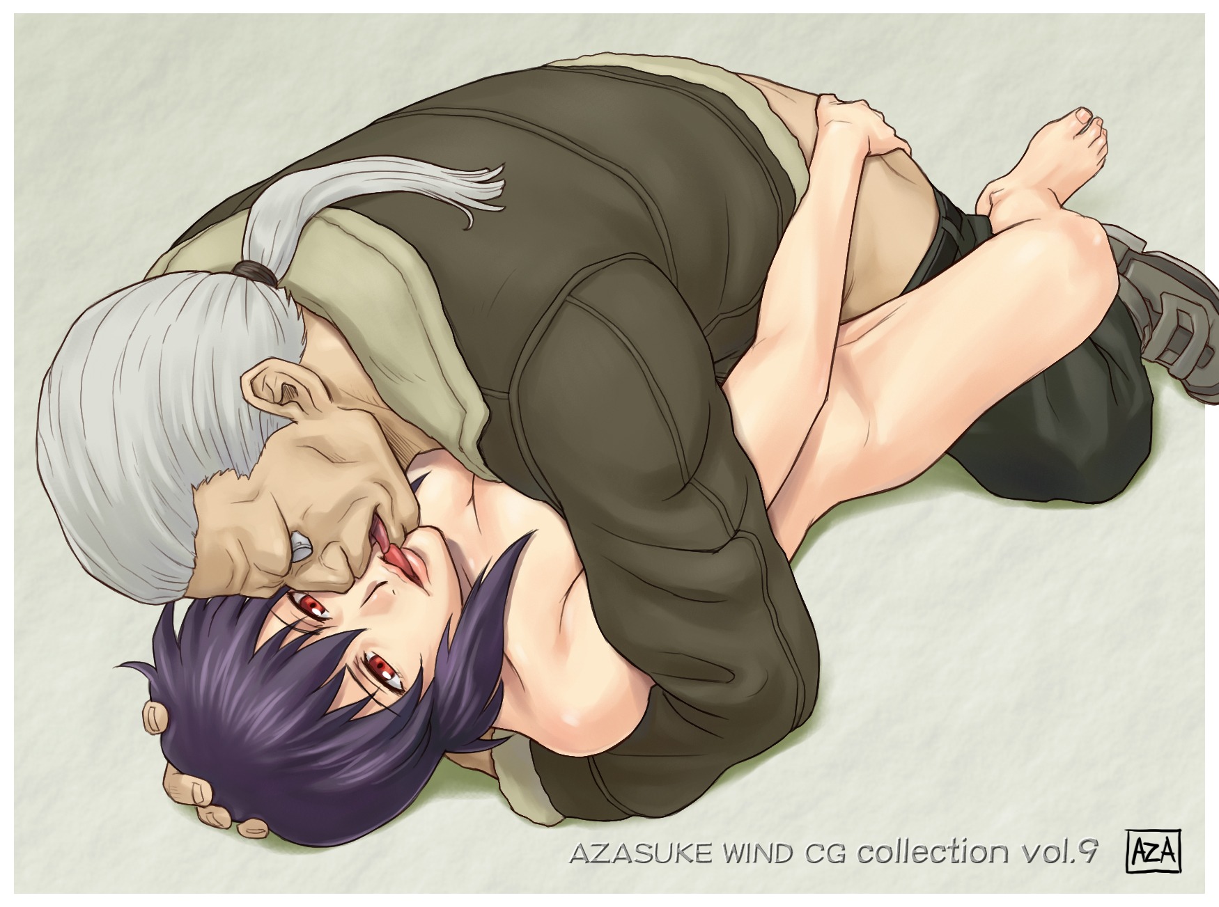 ass ass_grab azasuke batou boots breasts cleavage clothed_sex cyborg female ghost_in_the_shell ghost_in_the_shell_stand_alone_complex grey_hair groping hand_on_head highres hug kissing kusanagi_motoko lying missionary nude ocular_implant on_back ponytail purple_hair red_eyes rule34 sex short_hair tied_hair tongue