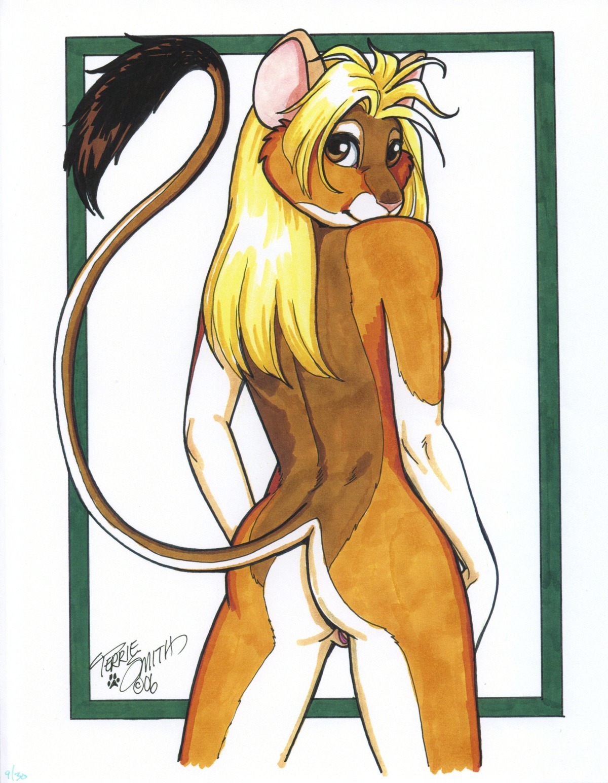 2006 absurd_res anthro blonde_hair butt dipodomyine e621 female genitals hair heteromyid hi_res kangaroo_rat looking_at_viewer looking_back mammal nude pinup pose rear_view rodent signature simple_background solo tail tail_tuft terrie_smith traditional_media_(artwork) tuft vulva