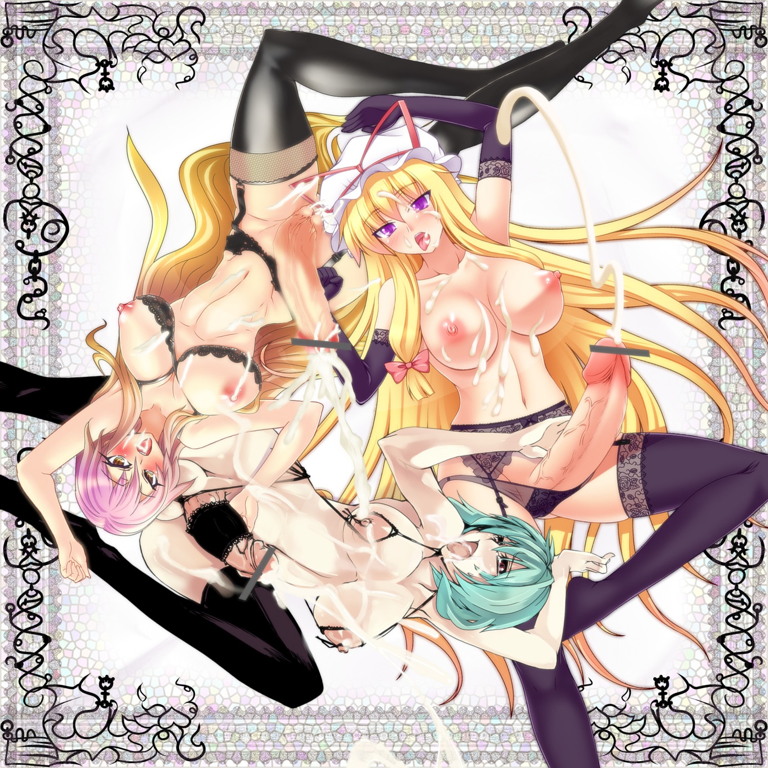 2010 3futas blonde_hair brown_hair ejaculation futanari green_hair hijiri_byakuren intersex long_hair multicolored_hair naked no_humans purple_eyes rule34 short_hair tagme team_shanghai_alice touhou youkai yuka_kazami yukari_yakumo yuuka_kazami