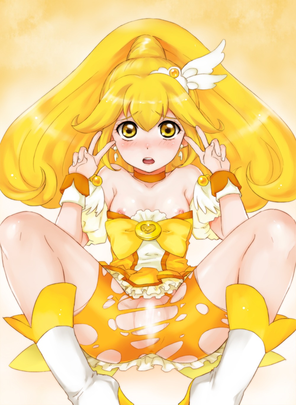 blush breasts censored clothing cure_peace double_v female mitomo precure pretty_cure rule34 shorts small_breasts smile_precure solo tagme torn_clothes torn_clothing torn_legwear v yayoi_kise yellow_eyes yellow_theme