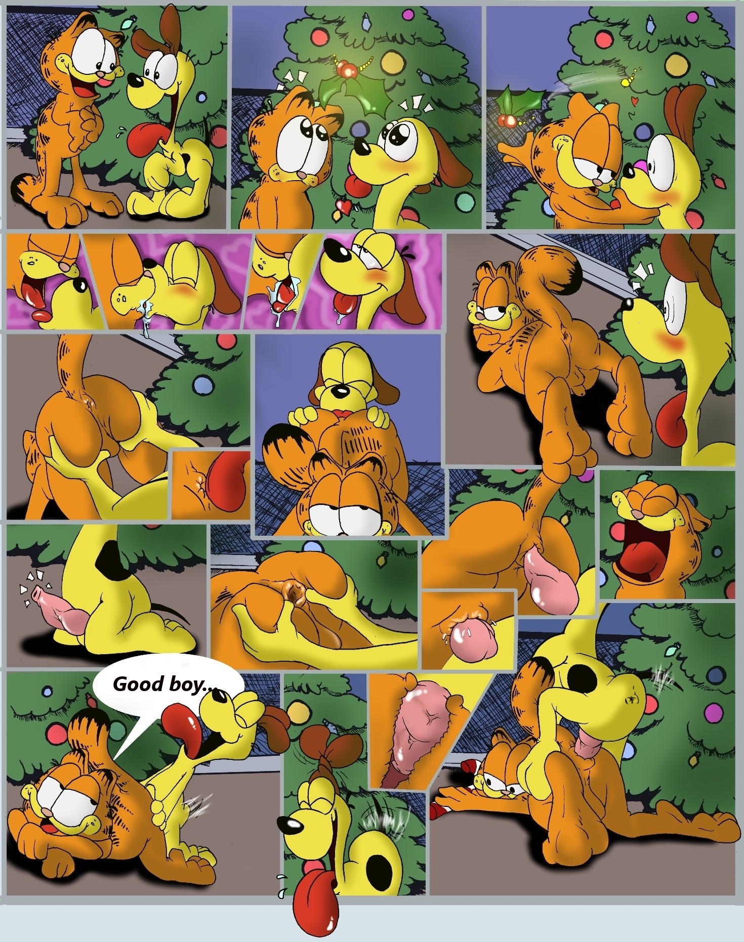 anal anal_penetration anthro anus blush bodily_fluids butt butt_grab canid canine canis christmas comic dialogue domestic_cat domestic_dog duo e621 english_text erection felid feline felis fuf gaping gaping_anus garfield_(series) garfield_the_cat genitals hand_on_butt hi_res holidays holly_(plant) kissing male male/male male_penetrated male_penetrating male_penetrating_male mammal mistletoe multiple_scenes nude odie_the_dog oral penetration penis plant presenting rimming saliva sex spread_butt spreading tail tail_motion tailwag text tongue tongue_out