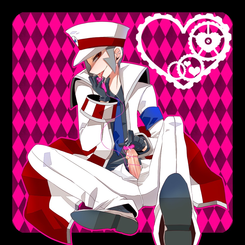 1boy artist_request cape emmet_(pokemon) erection gloves grey_hair hat jacket licking male male_only masturbation necktie pants penis penis_vibrator pokemon pokemon_bw precum red_eyes rule34 shoes solo tongue uncensored urethral_vibrator vibrator white_pants white_suit