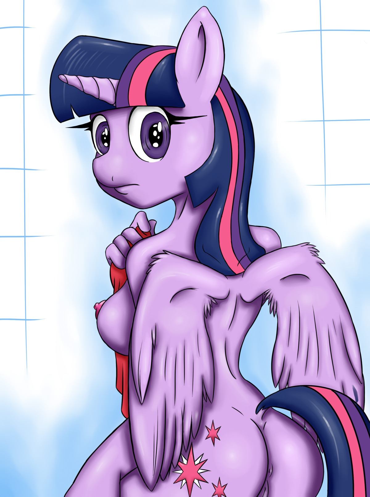 absurd_res anthro anthrofied anus aod23 biped breasts butt clitoris cutie_mark e621 equid equine feathered_wings feathers female friendship_is_magic fur genitals hair hasbro hi_res hooves horn looking_at_viewer looking_back mammal multicolored_hair my_little_pony mythological_creature mythological_equine mythology nipples presenting purple_body purple_eyes purple_feathers purple_fur purple_hair raised_tail rear_view solo standing surprised tail towel twilight_sparkle_(mlp) two_tone_hair vulva winged_unicorn wings