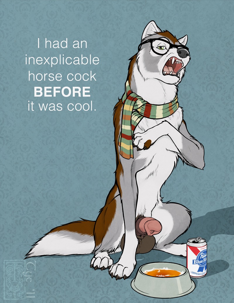 2011 abstract_background alcohol alternative_fashion animal_genitalia animal_penis balls beer beverage big_balls bowl can canid canine canis container digital_drawing_(artwork) digital_media_(artwork) domestic_dog e621 english_text equine_genitalia equine_penis eyewear feral flaccid food foreshortening genitals glasses green_eyes guiness_the_horse_cocked_wolf hipster humor irony looking_at_viewer male mammal mismatched_animal_penis mismatched_genitalia mismatched_penis open_mouth pabst_blue_ribbon penis pet_bowl quadruped scarf simple_background sneer solo tail text tyelle_niko wolf