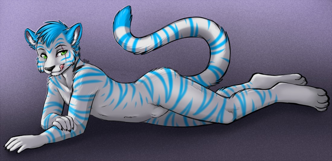 4_toes ajna animal_genitalia anthro biped blue_hair blue_stripes claws digitigrade e621 feet felid fully_sheathed fur genitals green_eyes hair hindpaw leucistic licking licking_lips licking_own_lips looking_away lying male mammal nude on_front pantherine paws pinup pose self_lick sheath solo storm-tiger stripes tail tasteful teasing tiger toes tongue tongue_out white_body white_fur