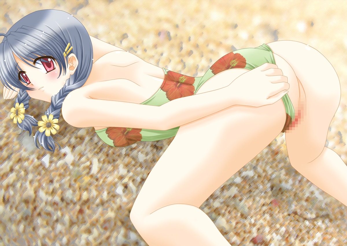 1girls ass blue_hair blush censored female female_only looking_at_viewer pussy red_hair rule34 solo swimsuit