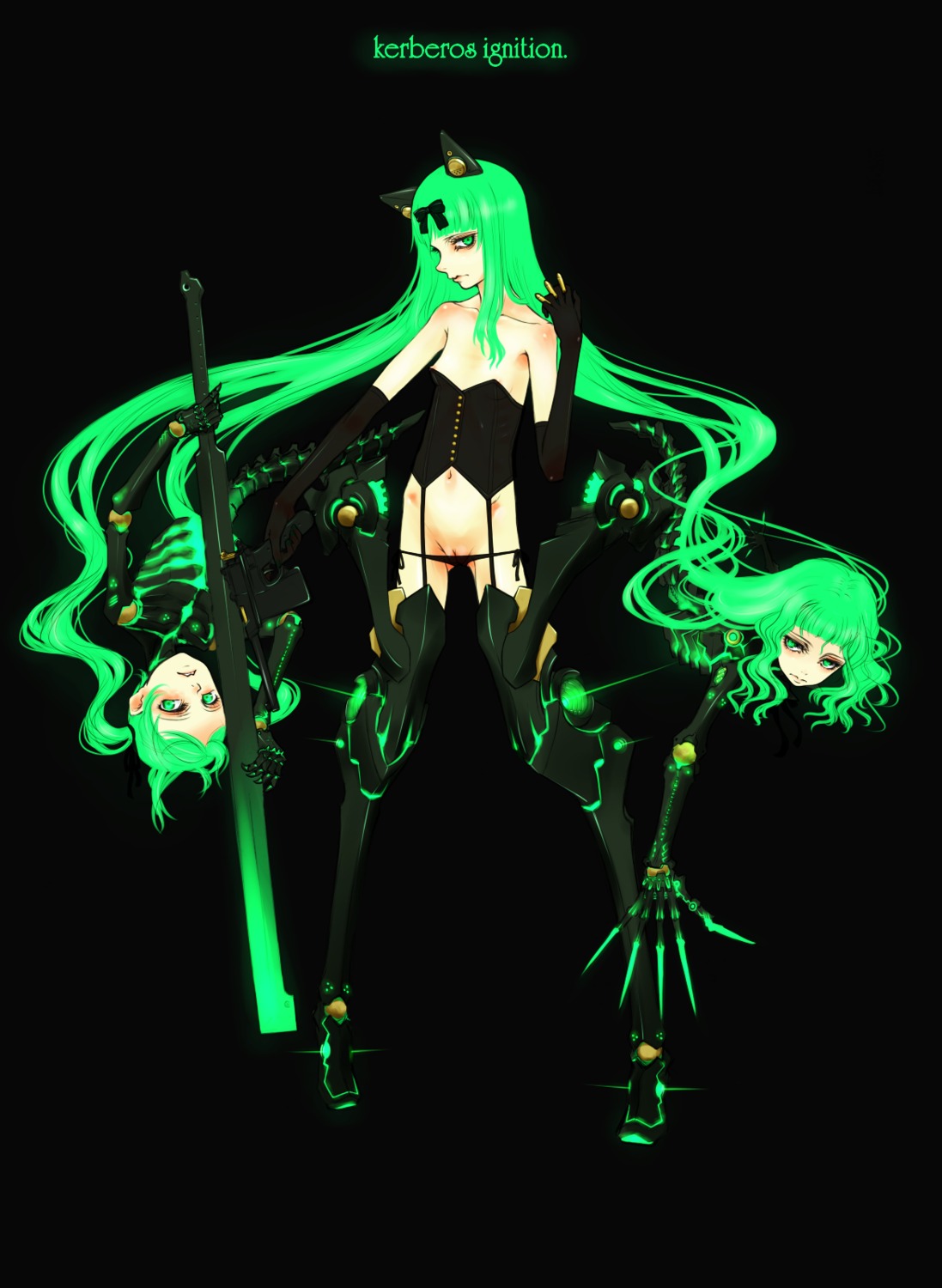1girls bow bullet bustier claws clit_slip clitoris clitoris_slip clitslip elbow_gloves female flat_chest gloves green_eyes green_hair gun hairbow highres lingerie long_hair lowleg lowleg_panties mecha_musume nipple_slip nipples original orihiro panties pussy rule34 solo thighhighs underwear very_long_hair weapon