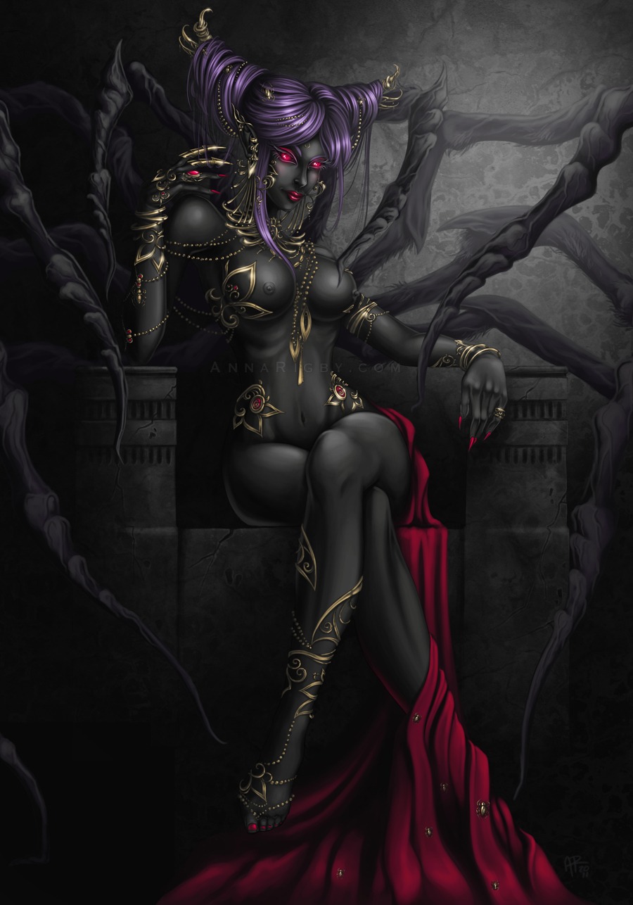 1girls anna_rigby areolae breasts dark_elf drow drow_(dnd) dungeons_and_dragons elf elf_ears elf_female female female_only legs_crossed looking_at_viewer nipples red_eyes rule34 sitting smile solo solo_female spider_legs tagme