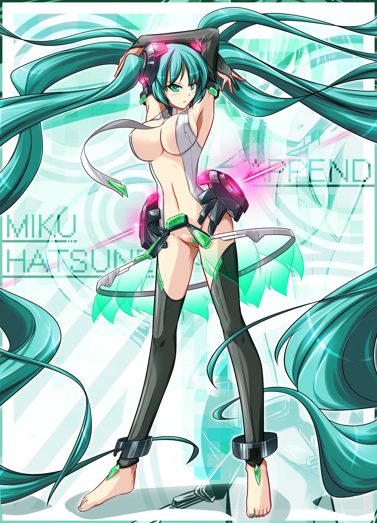 1girl 1girls anklet aqua_eyes aqua_hair armpits arms_up barefoot belt blush breasts bridal_gauntlets bunji character_name convenient_censoring covered_nipples elbow_gloves female female_pubic_hair gloves hatsune_miku hatsune_miku_(append) hi_res jewelry large_breasts legwear long_hair nail_polish navel necktie open_mouth pubic_hair pussy rule34 solo text thighhighs tied_hair toes twintails very_long_hair vocaloid vocaloid_append zoom_layer