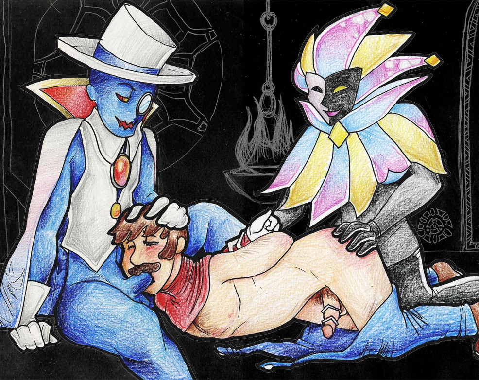 anal anal_sex blush count_bleck count_noir dimentio fellatio gangbang gay hat_removed jester male mario mario_(series) nintendo oral oral_sex paper_mario rule34 super_paper_mario threesome traditional_media_(artwork) yaoi