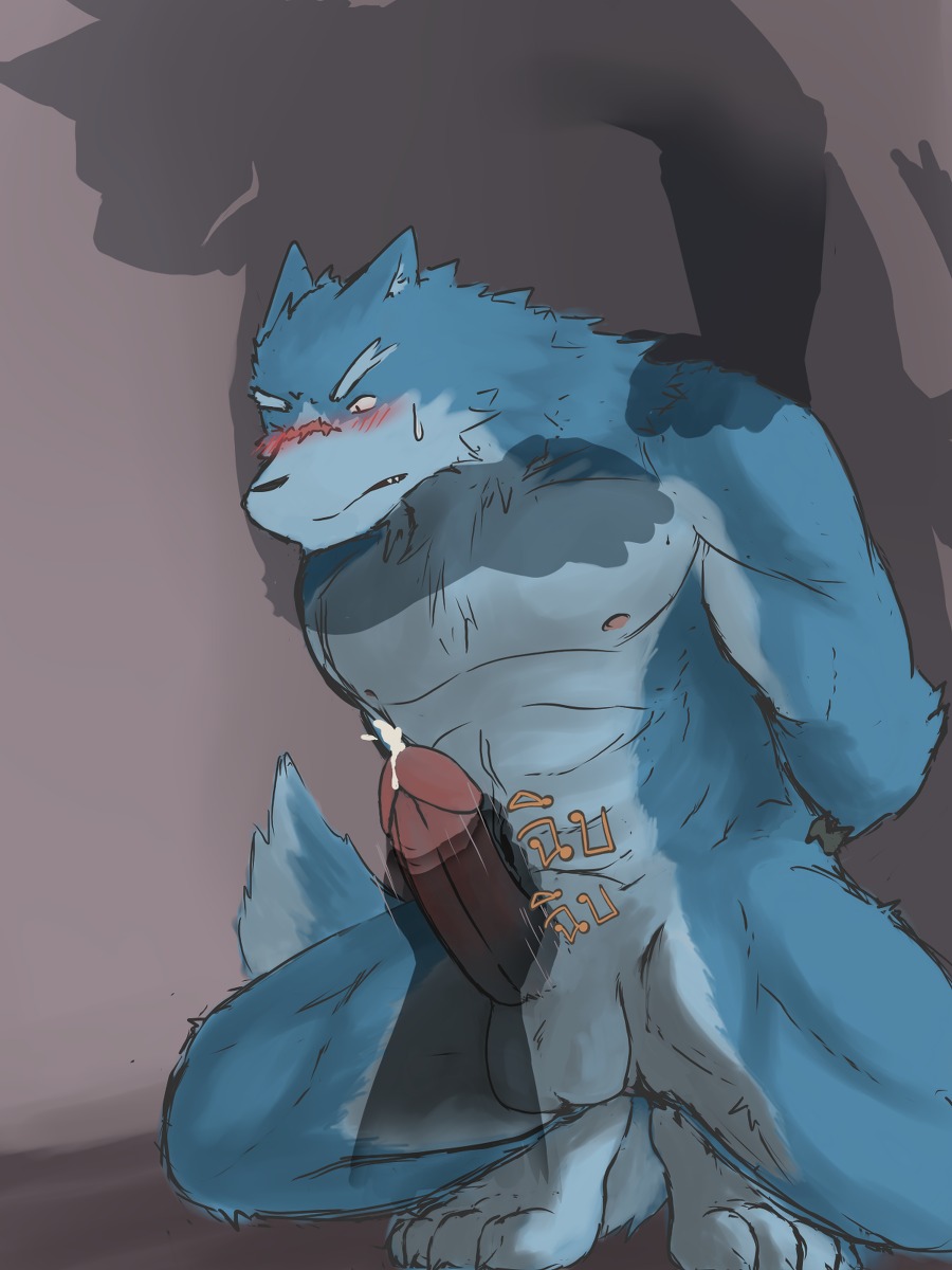 3:4 abs anthro balls biceps big_penis blush bodily_fluids canid canine canis clenched_teeth cum cumshot disembodied_hand duo e621 ejaculation erection fur genital_fluids genitals handjob hi_res inukami male male/male mammal muscular nipples nude orgasm pecs penile penis scar sex tail teeth wolf