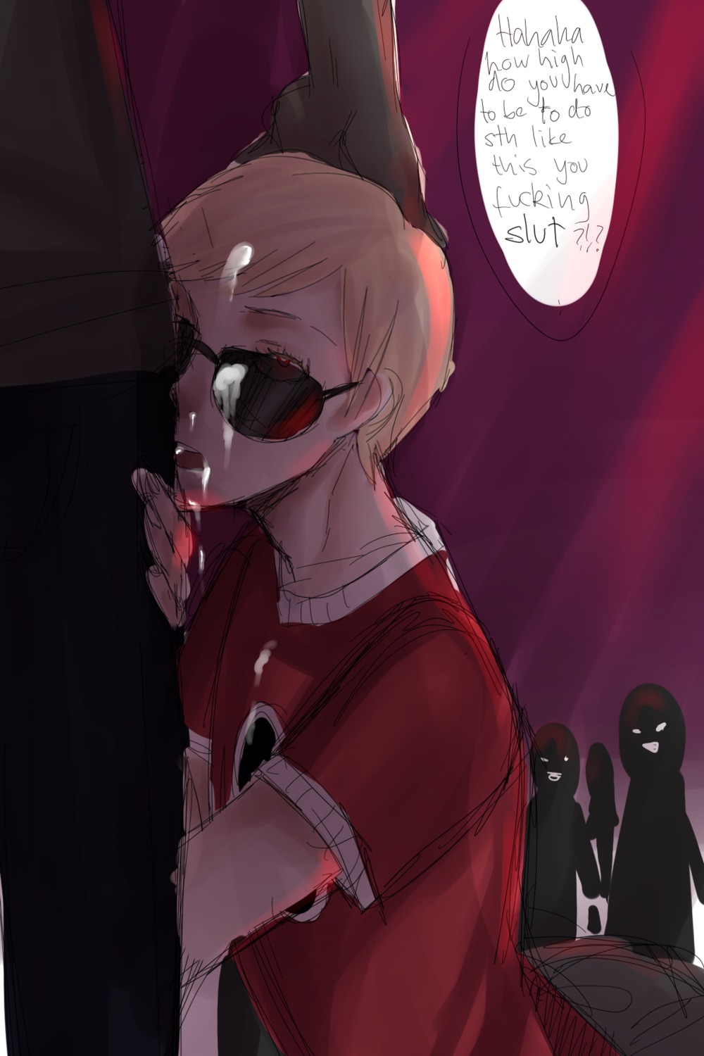 4boys artist_request blonde_hair clothing cum cum_in_hair cum_on_face cum_on_glasses dave_strider dialogue gay grey_skin hand_on_head homestuck looking_up male ms_paint_adventures oral red_eyes rule34 short_hair source_request speech_bubble sunglasses text white_skin