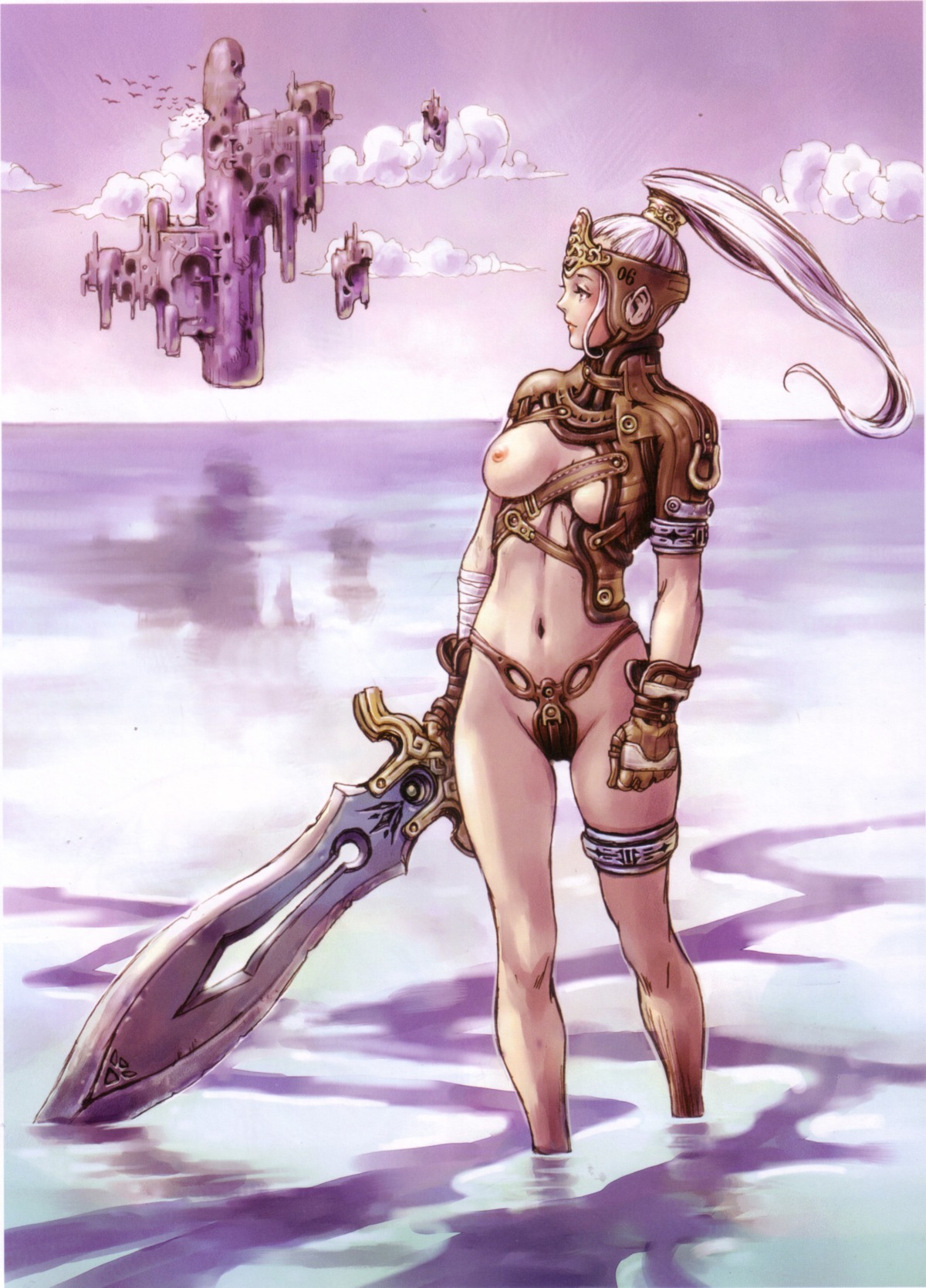 armor breasts dark_skin female high_resolution long_hair midriff rule34 sword weapon