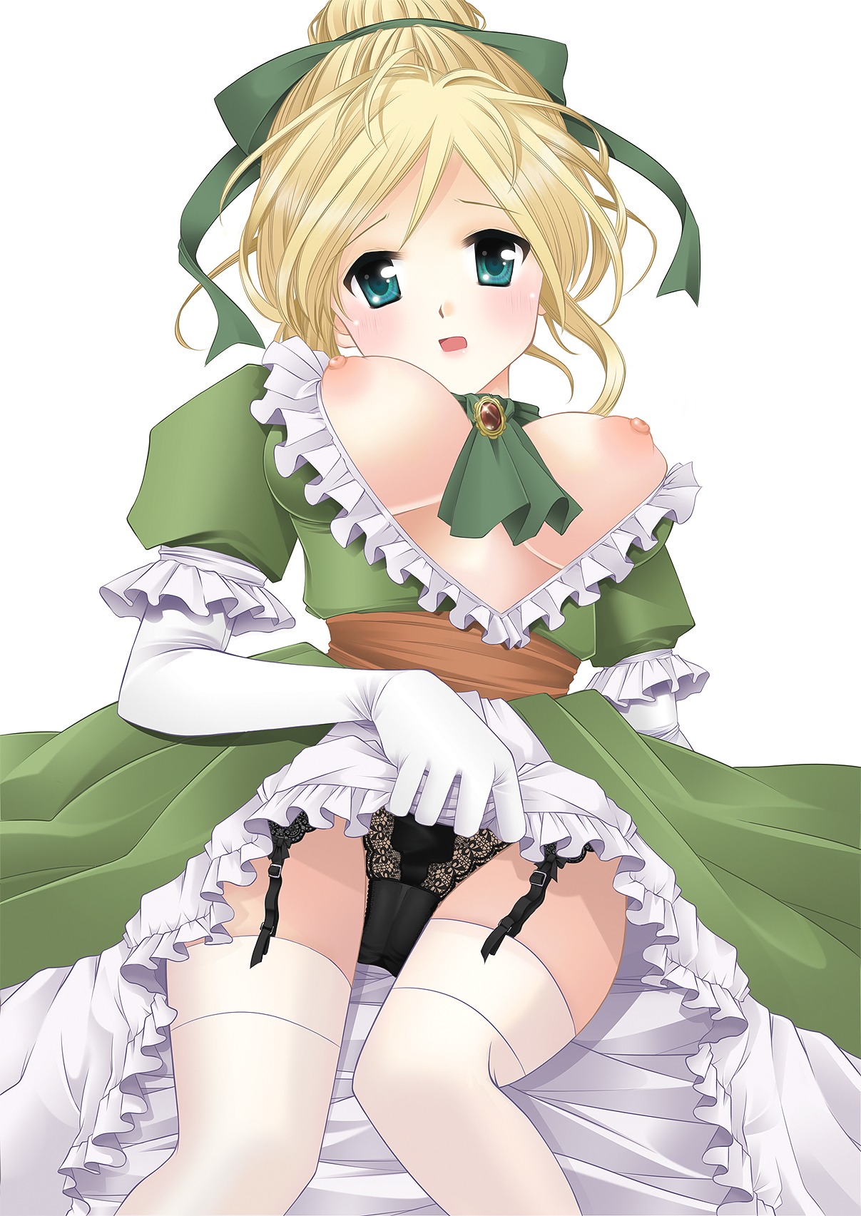 bow breasts clothing dragon_quest dragon_quest_ix dress dress_lift female medium_breasts panties roxanne_(dq9) rule34 stockings tagme yubi_(artist)