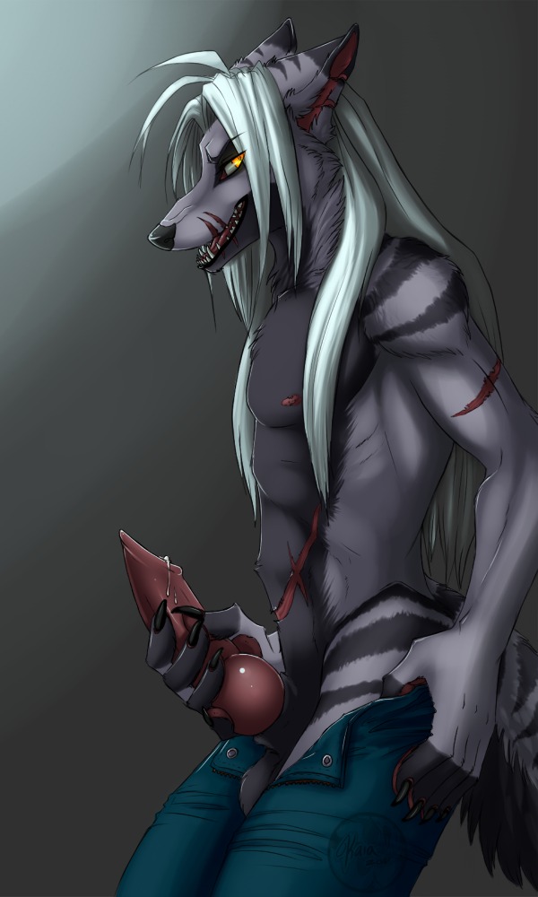 3:5 anthro bodily_fluids canid canine canis clothed clothing cum e621 erection genital_fluids genitals kaia_bloodrave knot male mammal penis solo tail topless wolf