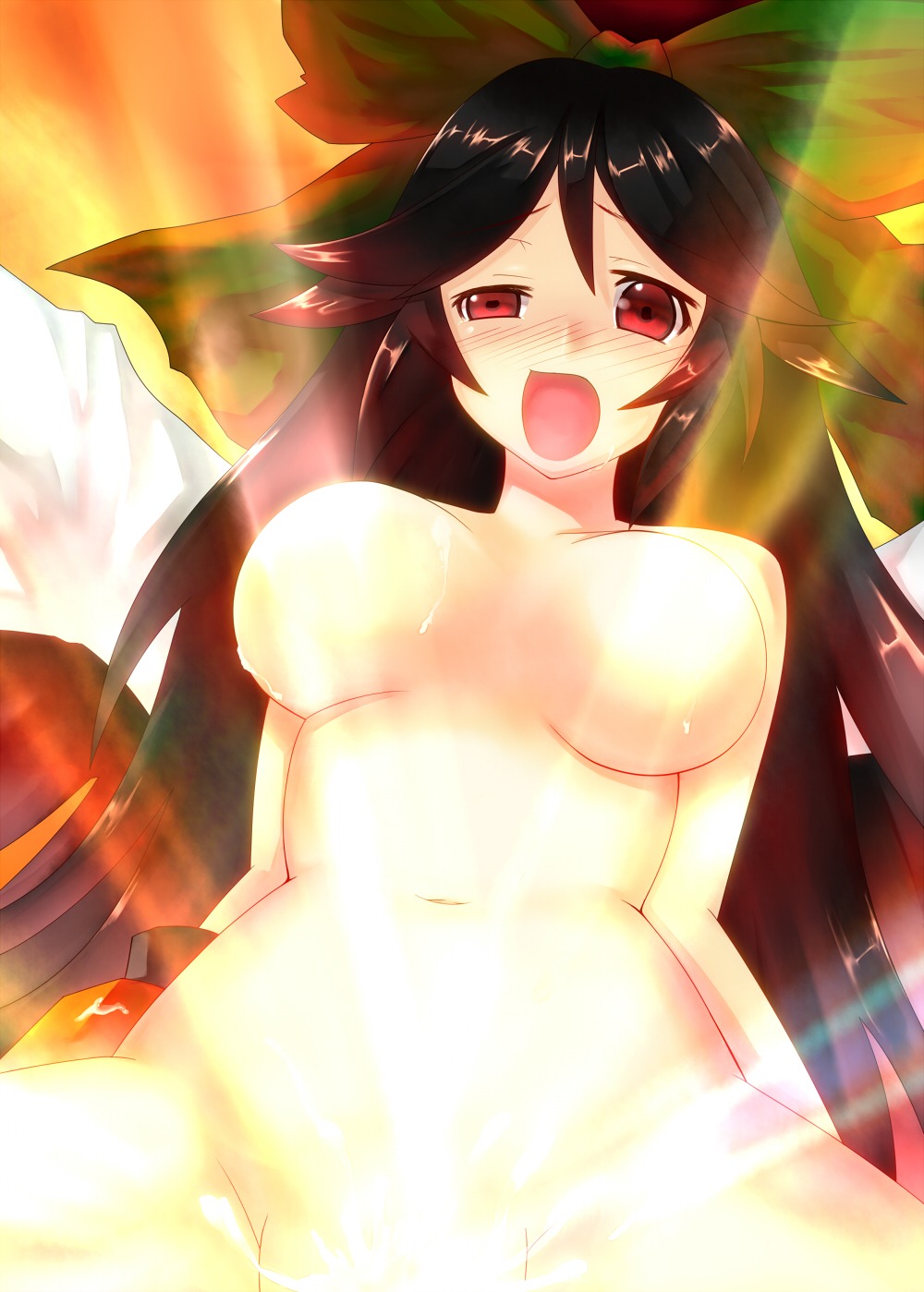1boy 1girls bow cowgirl_position female glowing hair_ribbon hairbow highres light long_hair male pussy radiation_symbol radioactive red_eyes ribbon rule34 saemon saemon_(tonpura) sex straddle straight touhou utsuho_reiuji vaginal_penetration