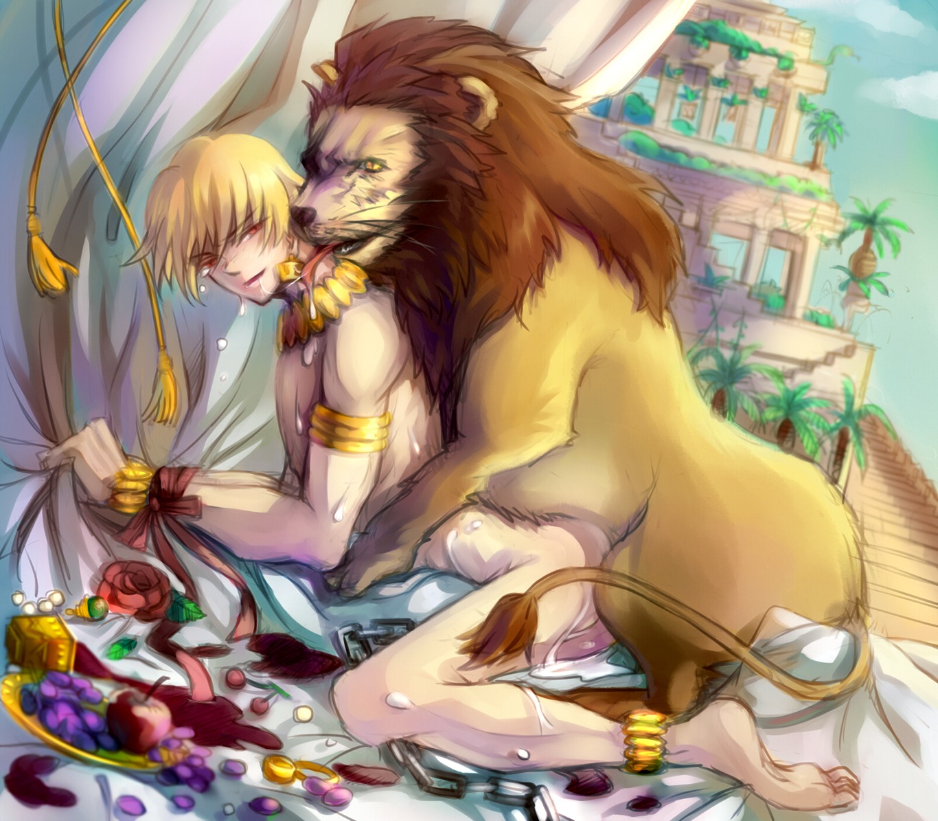 all_fours anal anal_penetration anklet apple archer_gilgamesh armlet bed bestiality blonde_hair bodily_fluids bracelet brown_body brown_fur brown_hair building butt ch3507 chain cloud cum cum_everywhere cum_inside cum_on_arm cum_on_back cum_on_butt cum_on_chest cum_on_ground cum_on_leg curtains day doggystyle duo e621 ear_piercing erection eyebrows eyelashes fate_(series) felid feral feral_penetrating feral_penetrating_human flower food from_behind_position fruit fur furniture genital_fluids genitals gold_(metal) gold_jewelry grape hair half-closed_eyes human human_on_feral human_penetrated interspecies jewelry kissing leaking_cum licking light lion male male/male male_penetrated male_penetrating male_penetrating_male mammal mane messy multicolored_body multicolored_fur narrowed_eyes nude outside pale_skin palm_tree pantherine penetration penis piercing pink_tongue plant ribbons rose_(flower) saliva saliva_string sex short_hair shrub sky slim snout sunlight sweat tail tail_tuft tan_body tan_fur temple tongue tongue_out tree tuft type-moon whiskers