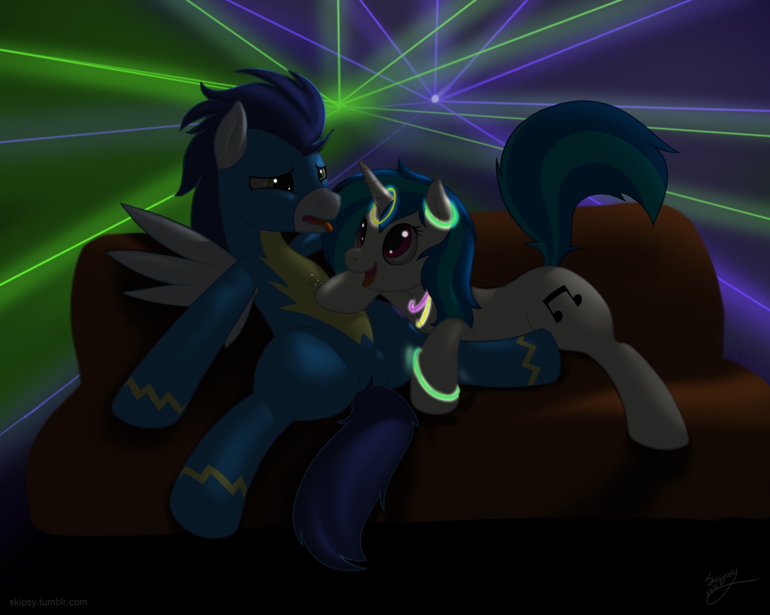 blue_body blue_feathers bodily_fluids bulge clothed clothing cum cum_in_clothing cutie_mark detailed_bulge duo e621 equid equine erection erection_under_clothing feathered_wings feathers female feral flight_suit friendship_is_magic furniture genital_fluids genital_outline genitals glowstick green_eyes hasbro hi_res hoofjob hooves horn latex male male/female mammal my_little_pony mythological_creature mythological_equine mythology pegasus penis penis_outline precum purple_eyes rave skipsy soarin_(mlp) sofa spread_legs spreading tail unicorn vinyl_scratch_(mlp) wings wonderbolts_(mlp)